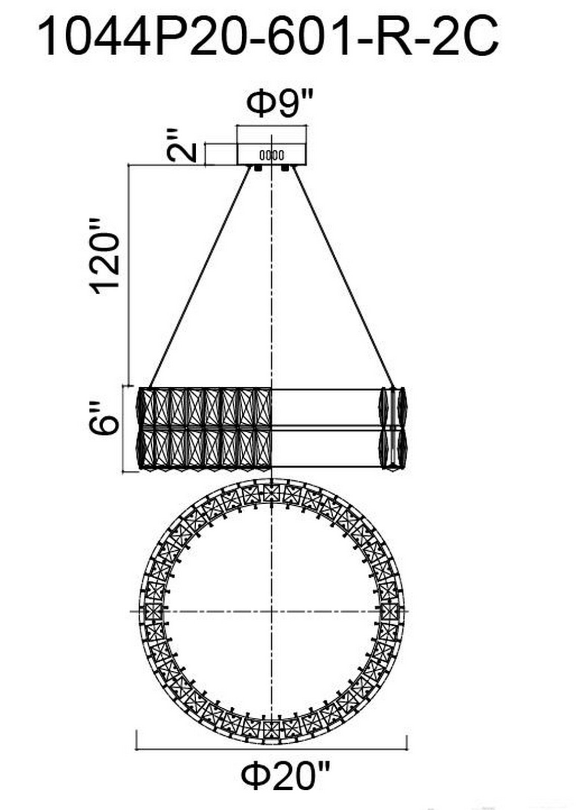 CWI Lighting Madeline LED Chandelier With Chrome Finish Model: 1044P20-601-R-2C Line Drawing