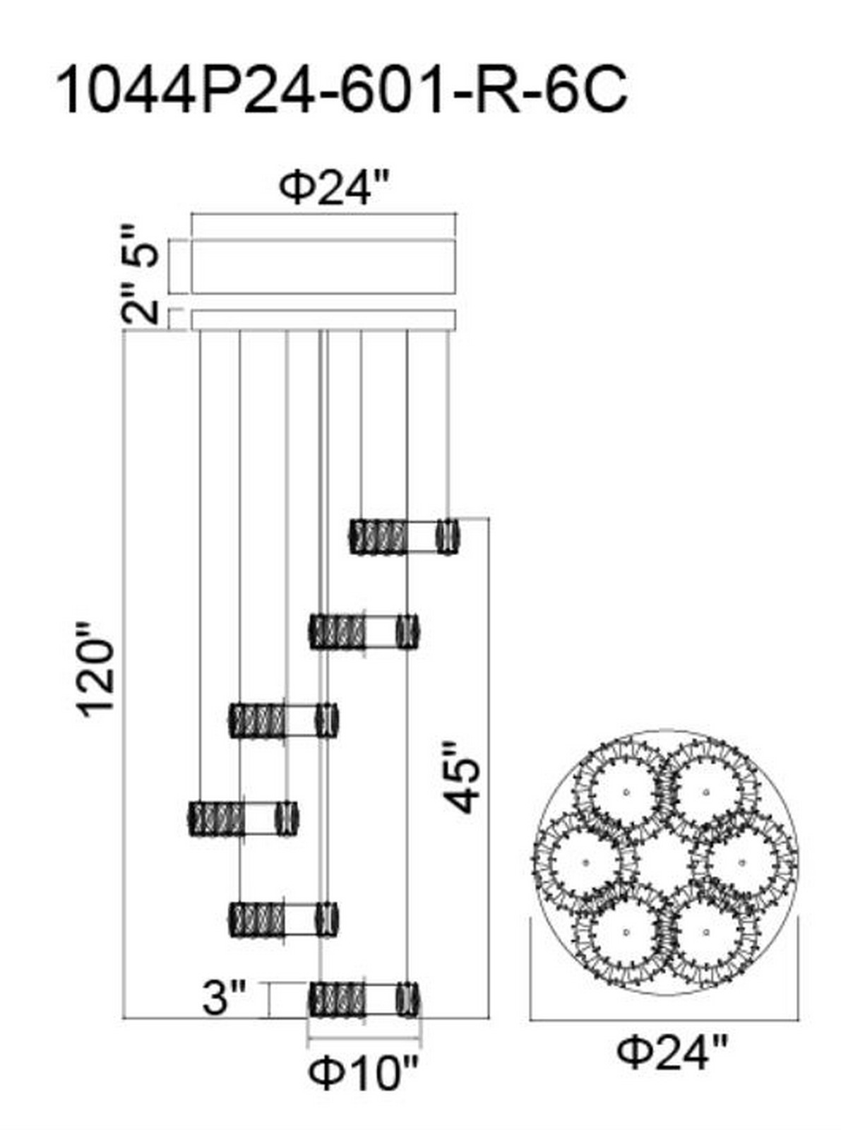 CWI Lighting Madeline LED Chandelier With Chrome Finish Model: 1044P24-601-R-6C Line Drawing