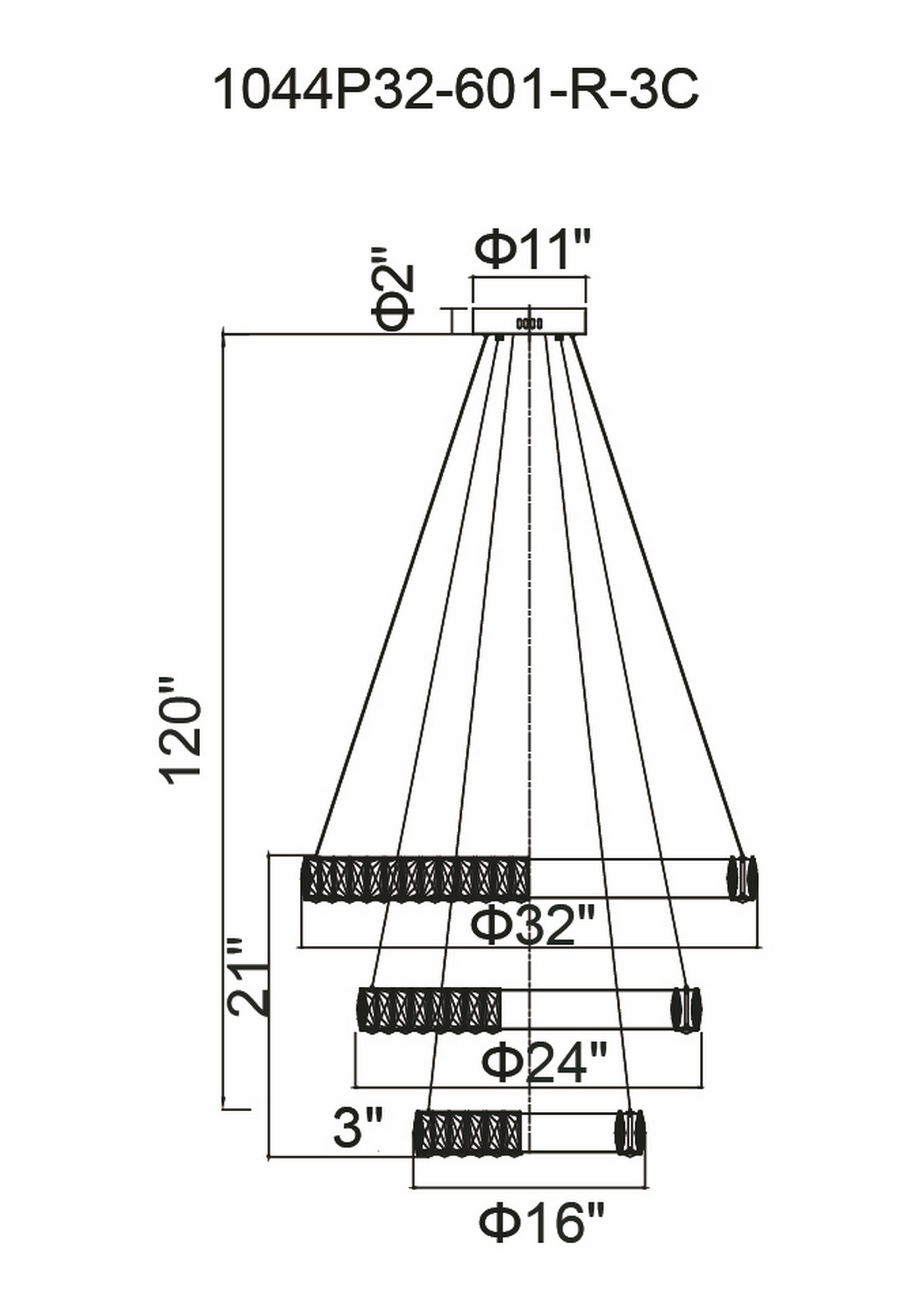 CWI Lighting Madeline LED Chandelier With Chrome Finish Model: 1044P32-601-R-3C Line Drawing