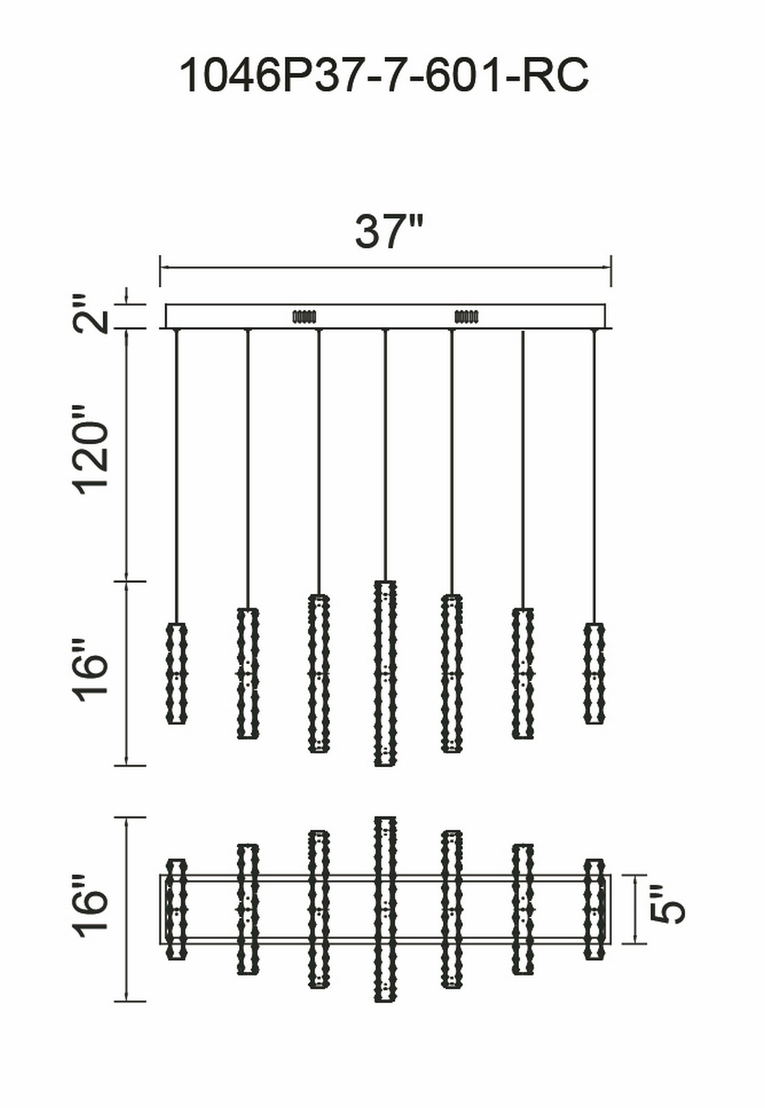 CWI Lighting Celina LED Chandelier With Chrome Finish Model: 1046P37-7-601-RC Line Drawing