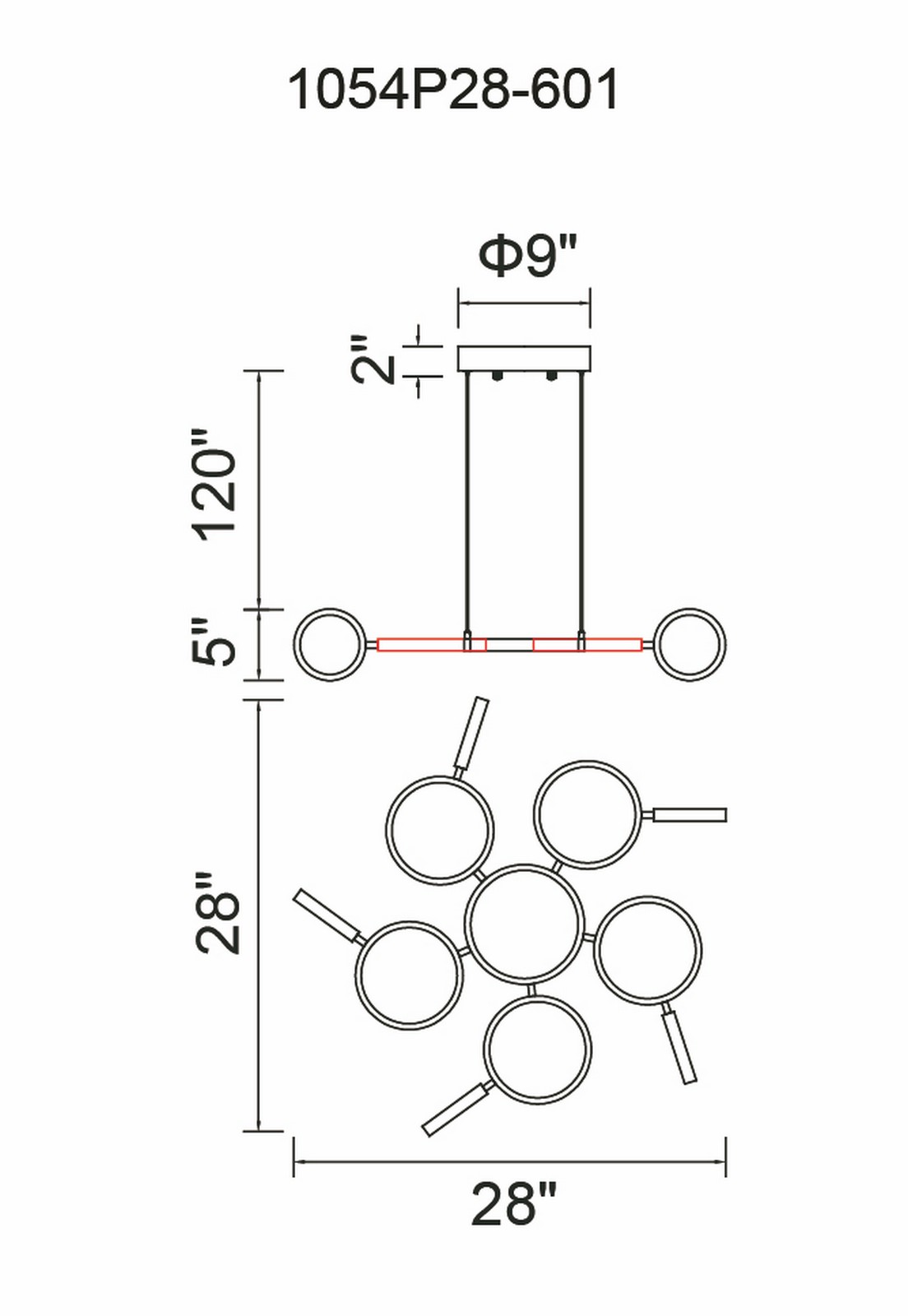 CWI Lighting Colette LED Chandelier With Chrome Finish Model: 1054P28-601 Line Drawing