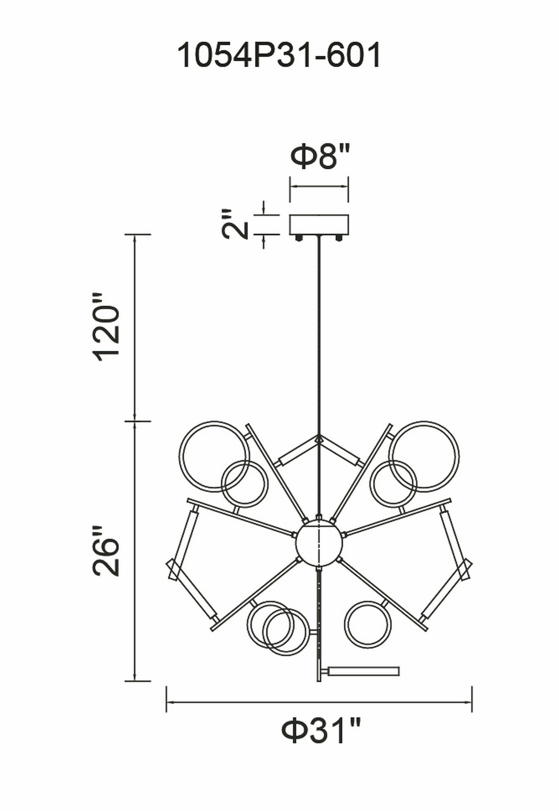 CWI Lighting Colette LED Chandelier With Chrome Finish Model: 1054P31-601 Line Drawing