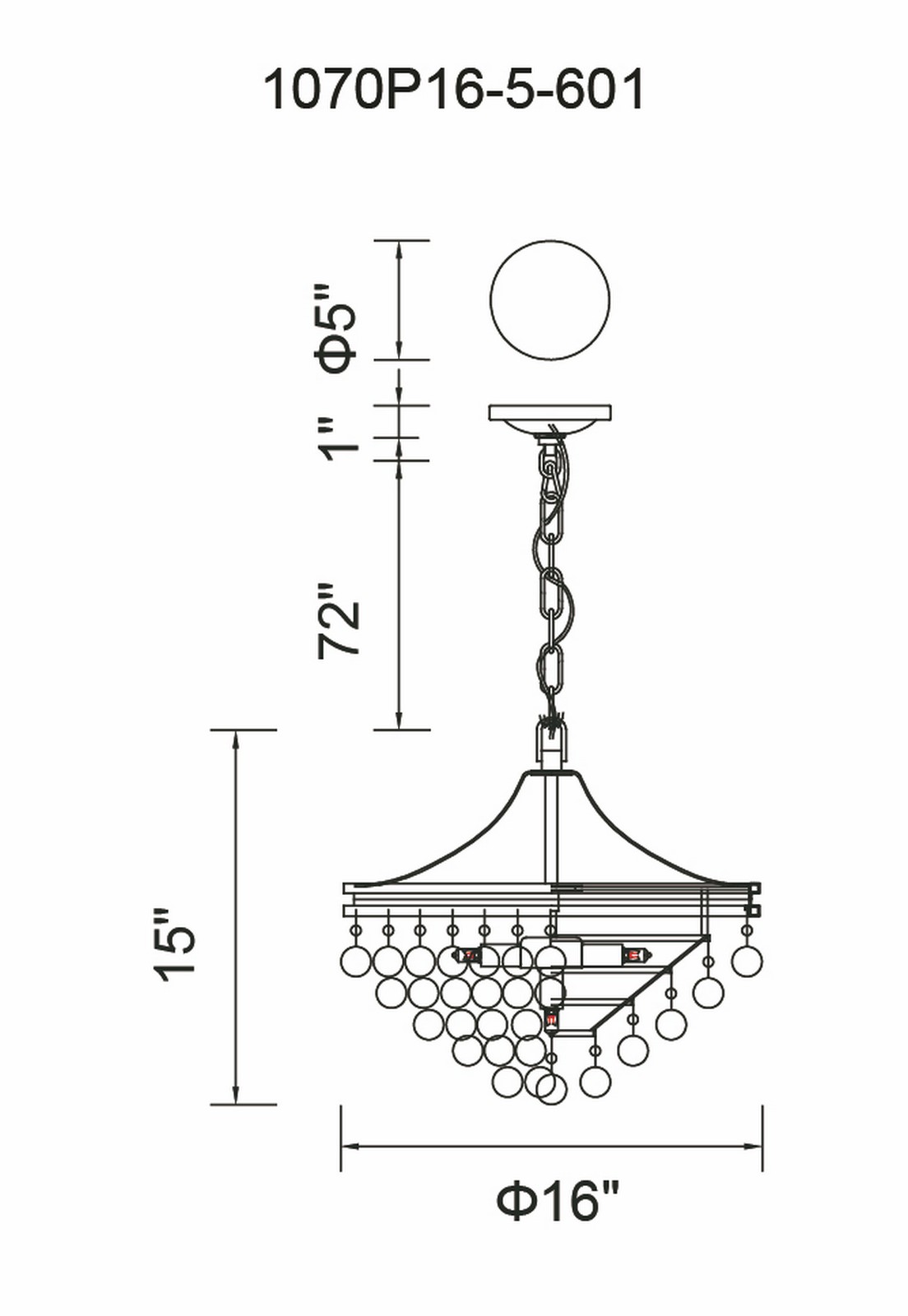 CWI Lighting Seraphina 5 Light Chandelier With Chrome Finish Model: 1070P16-5-601 Line Drawing