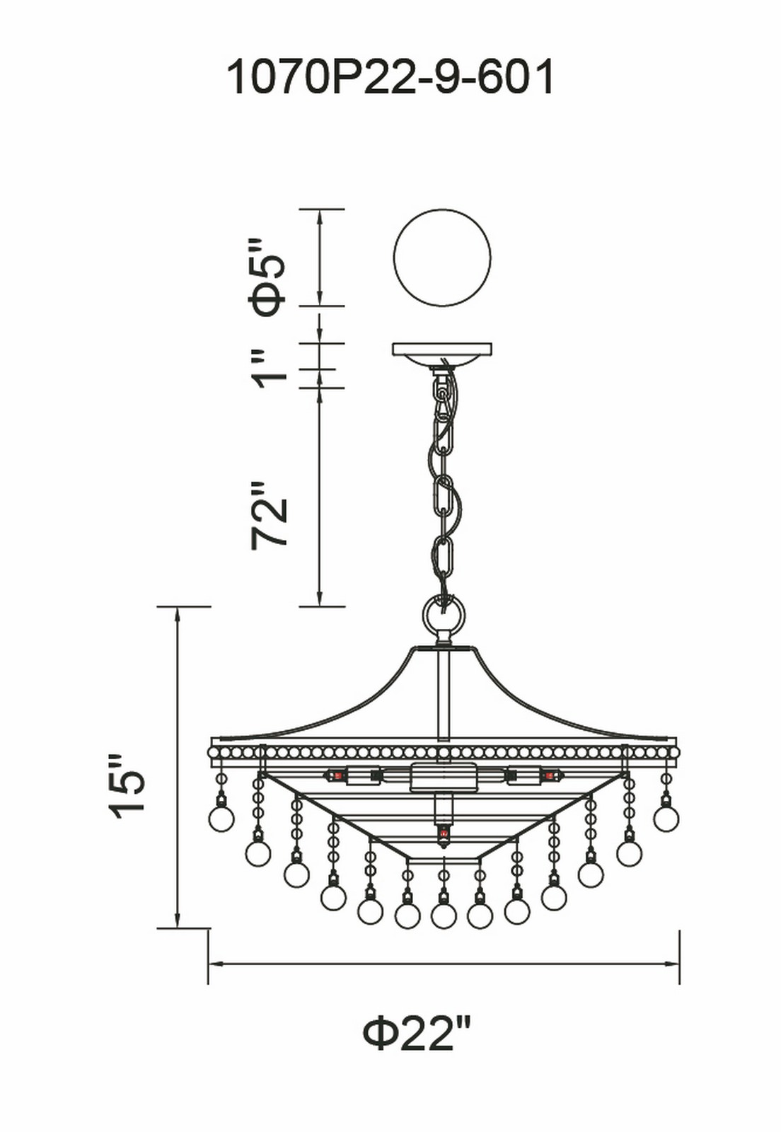 CWI Lighting Seraphina 9 Light Chandelier With Chrome Finish Model: 1070P22-9-601 Line Drawing