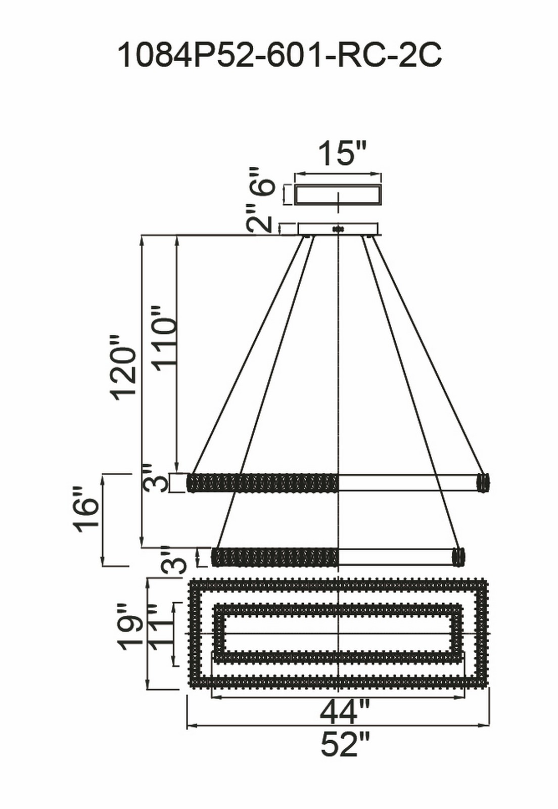 CWI Lighting Felicity LED Chandelier With Chrome Finish Model: 1084P52-601-RC-2C Line Drawing