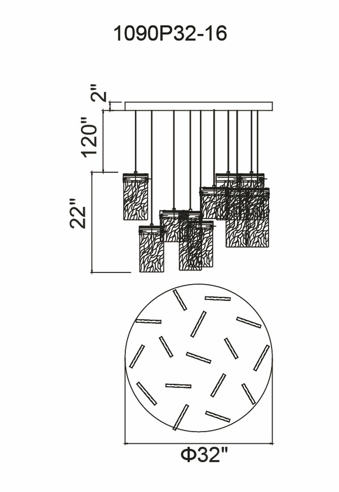 CWI Lighting Carolina LED Chandelier With Pewter Finish Model: 1090P32-16-269 Line Drawing