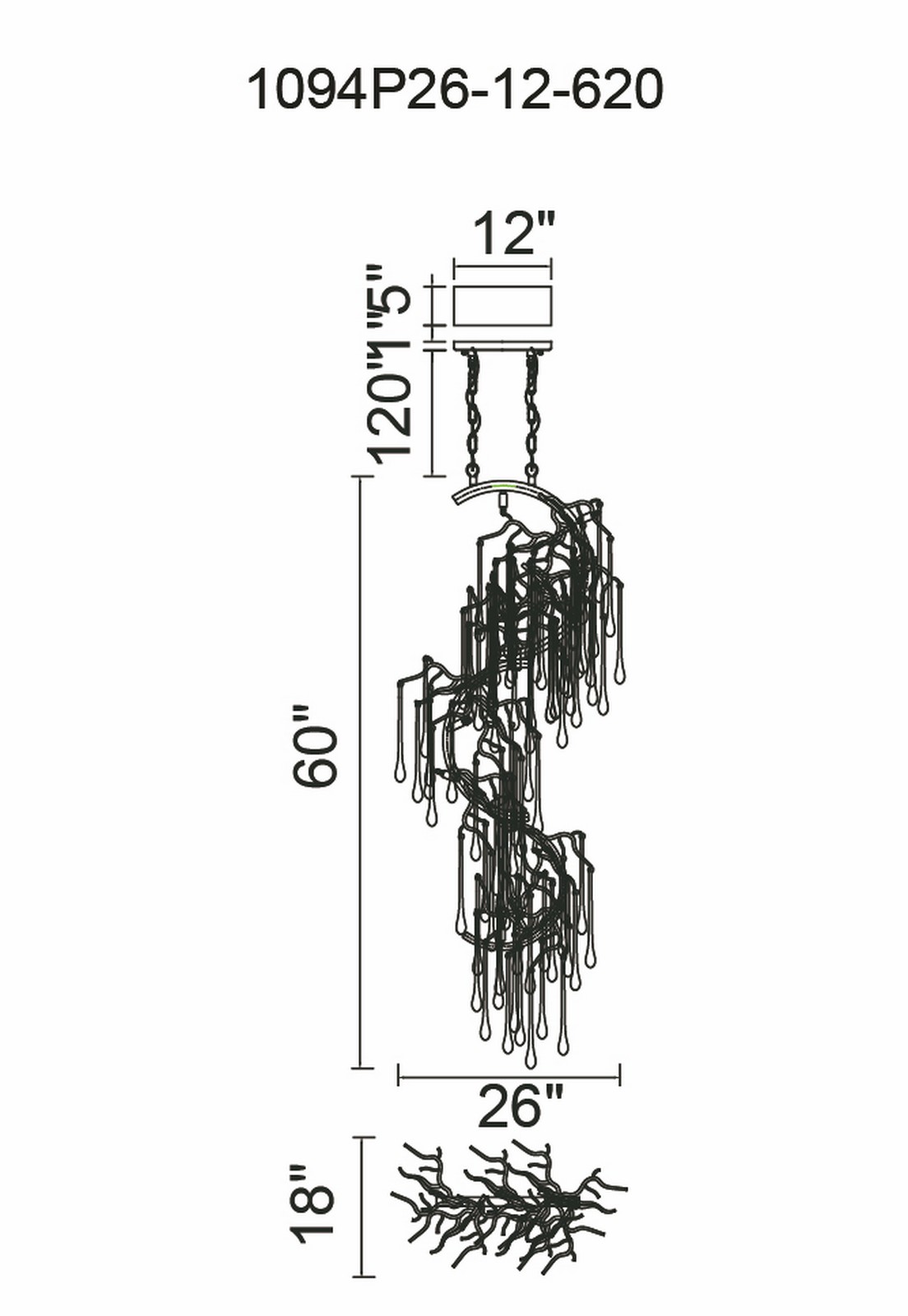 CWI Lighting Anita 12 Light Chandelier With Gold Leaf Finish Model: 1094P26-12-620 Line Drawing