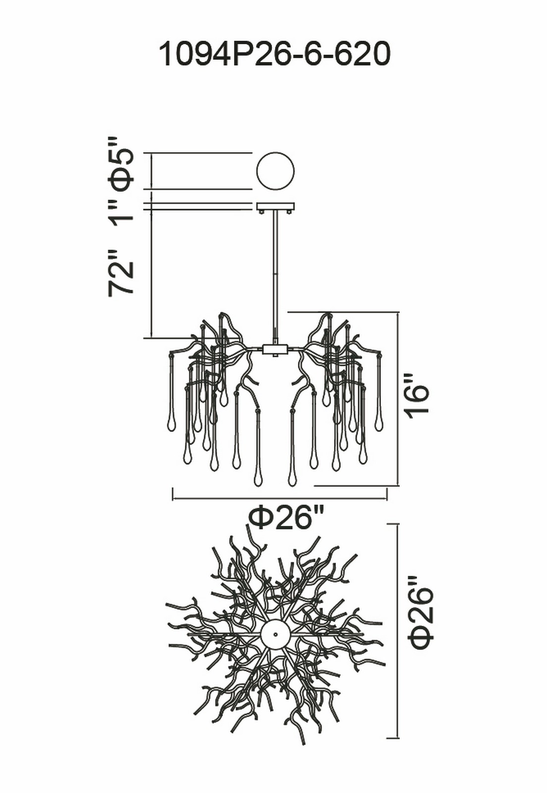 CWI Lighting Anita 6 Light Chandelier With Gold Leaf Finish Model: 1094P26-6-620 Line Drawing