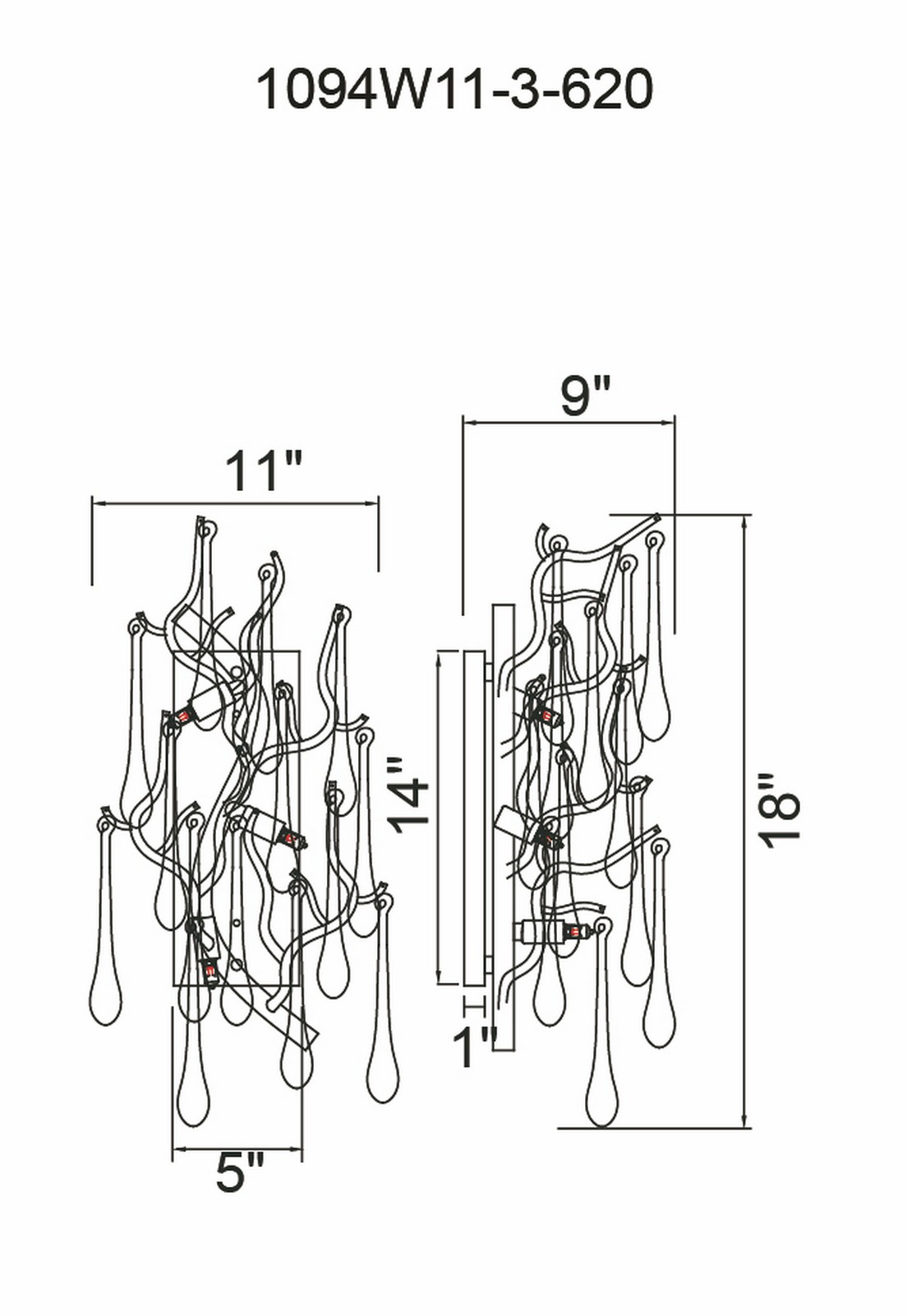 CWI Lighting Anita 3 Light Wall Sconce With Gold Leaf Finish Model: 1094W11-3-620 Line Drawing