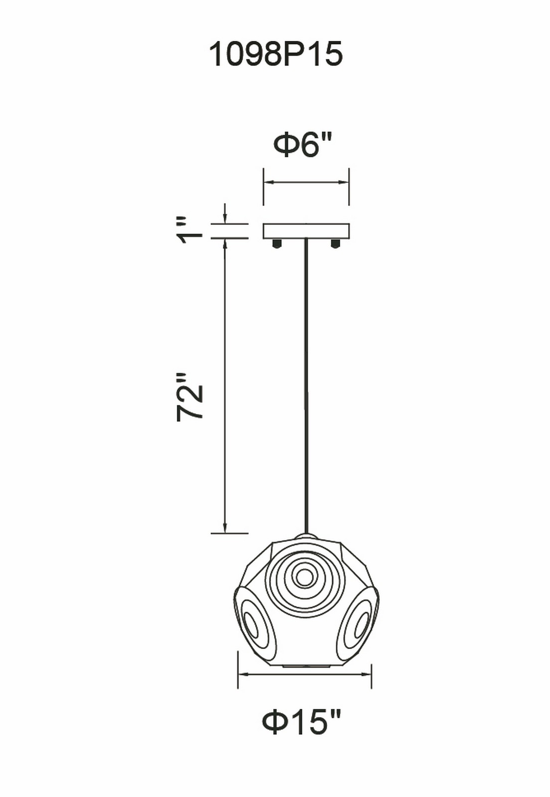 CWI Lighting Kingsley 1 Light Pendant With Chrome Finish Model: 1098P15-1-601 Line Drawing