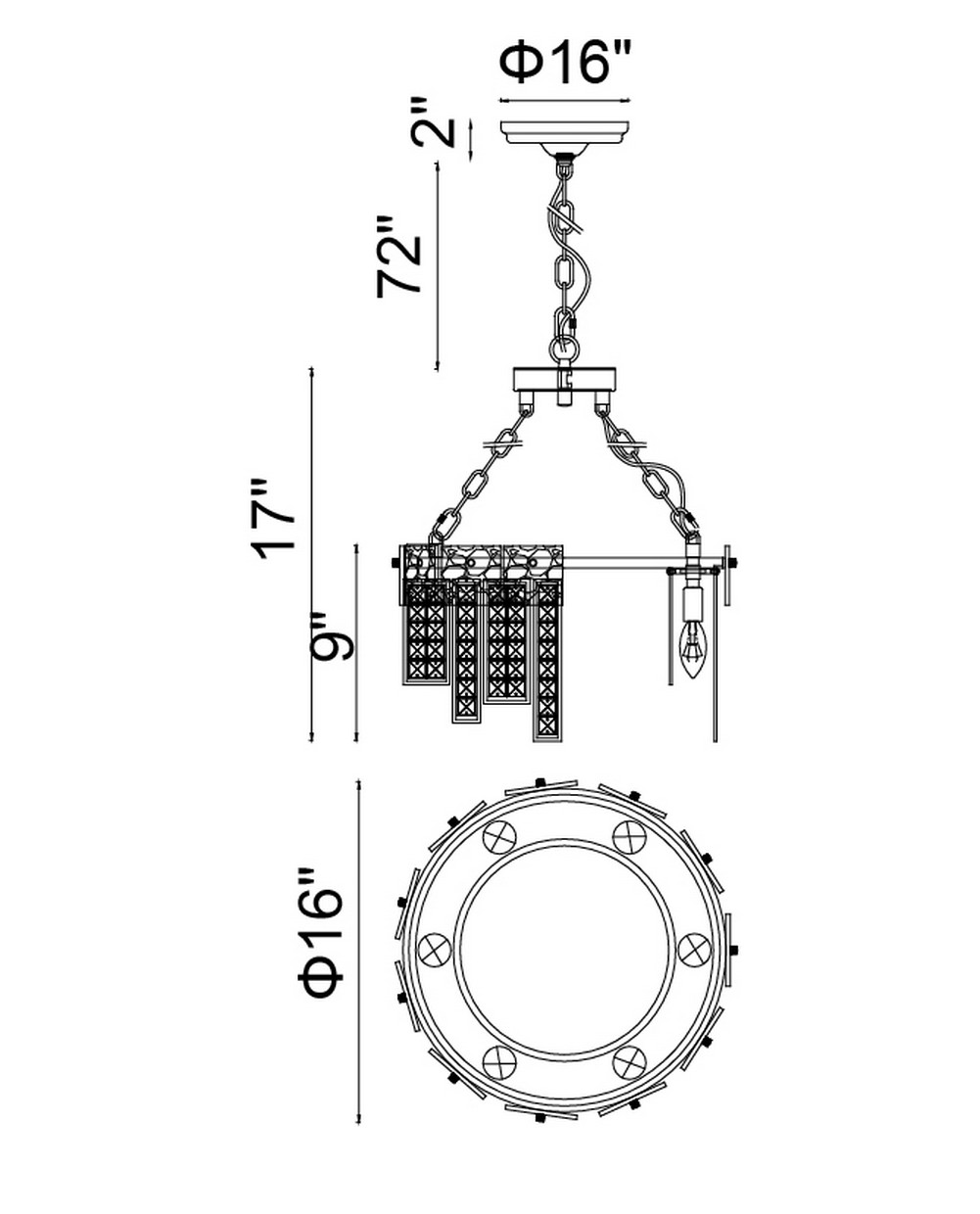 CWI Lighting Glacier 6 Light Down Chandelier With Polished Nickel Model: 1099P16-6-613 Line Drawing
