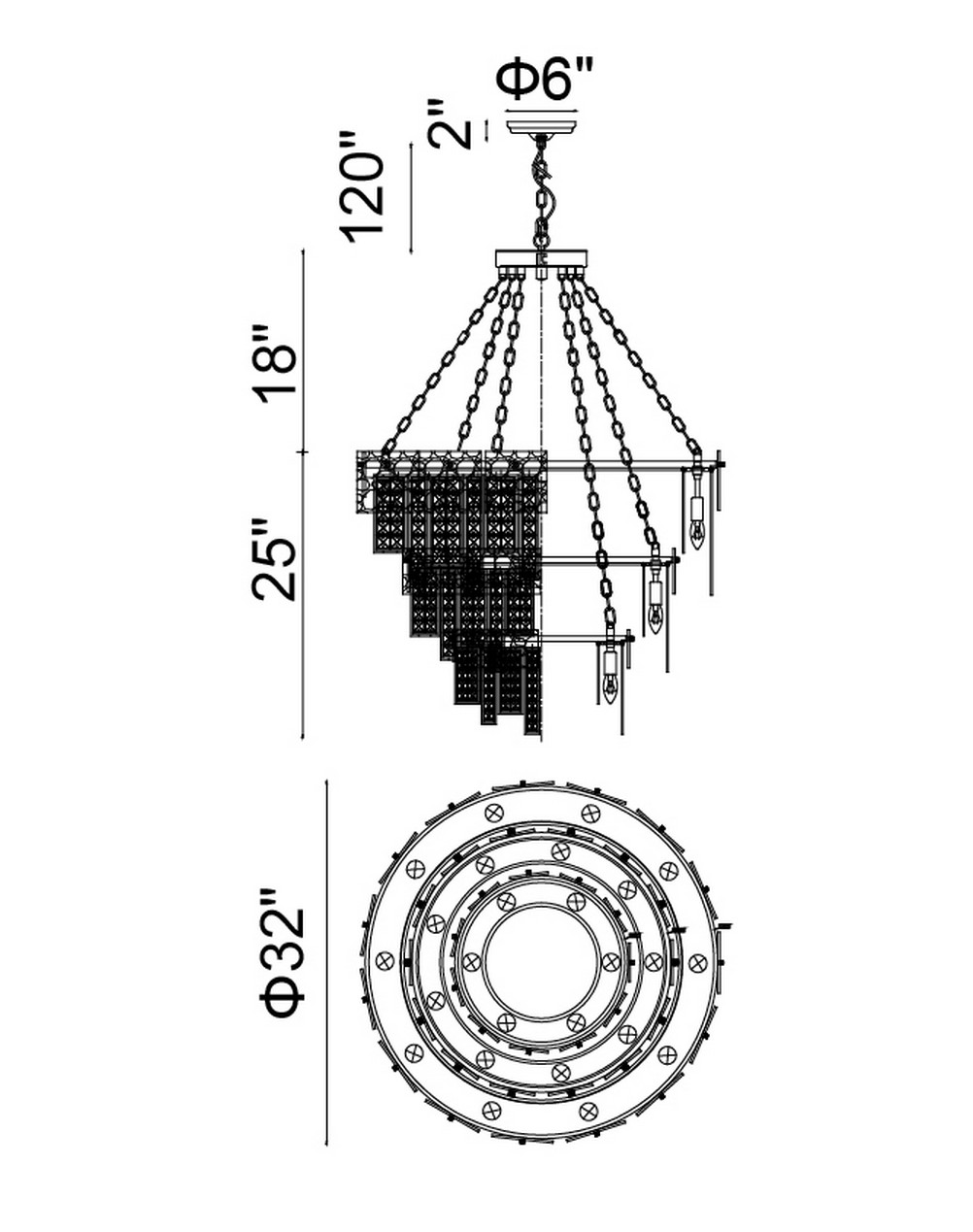 CWI Lighting Glacier 24 Light Down Chandelier With Polished Nickel Model: 1099P32-24-613 Line Drawing