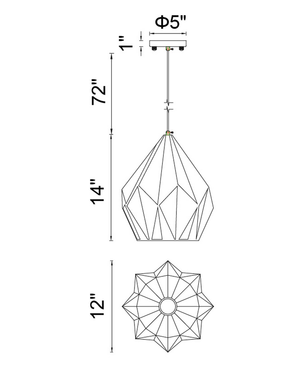 CWI Lighting Oxide 1 Light Down Pendant With Black+copper Finish Model: 1114P12-1-271 Line Drawing