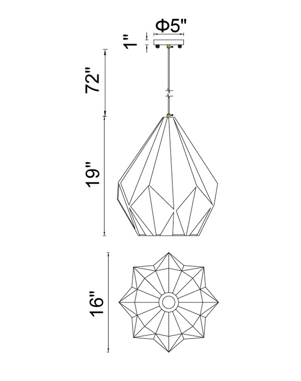 CWI Lighting Oxide 1 Light Down Pendant With Black+copper Finish Model: 1114P16-1-271 Line Drawing