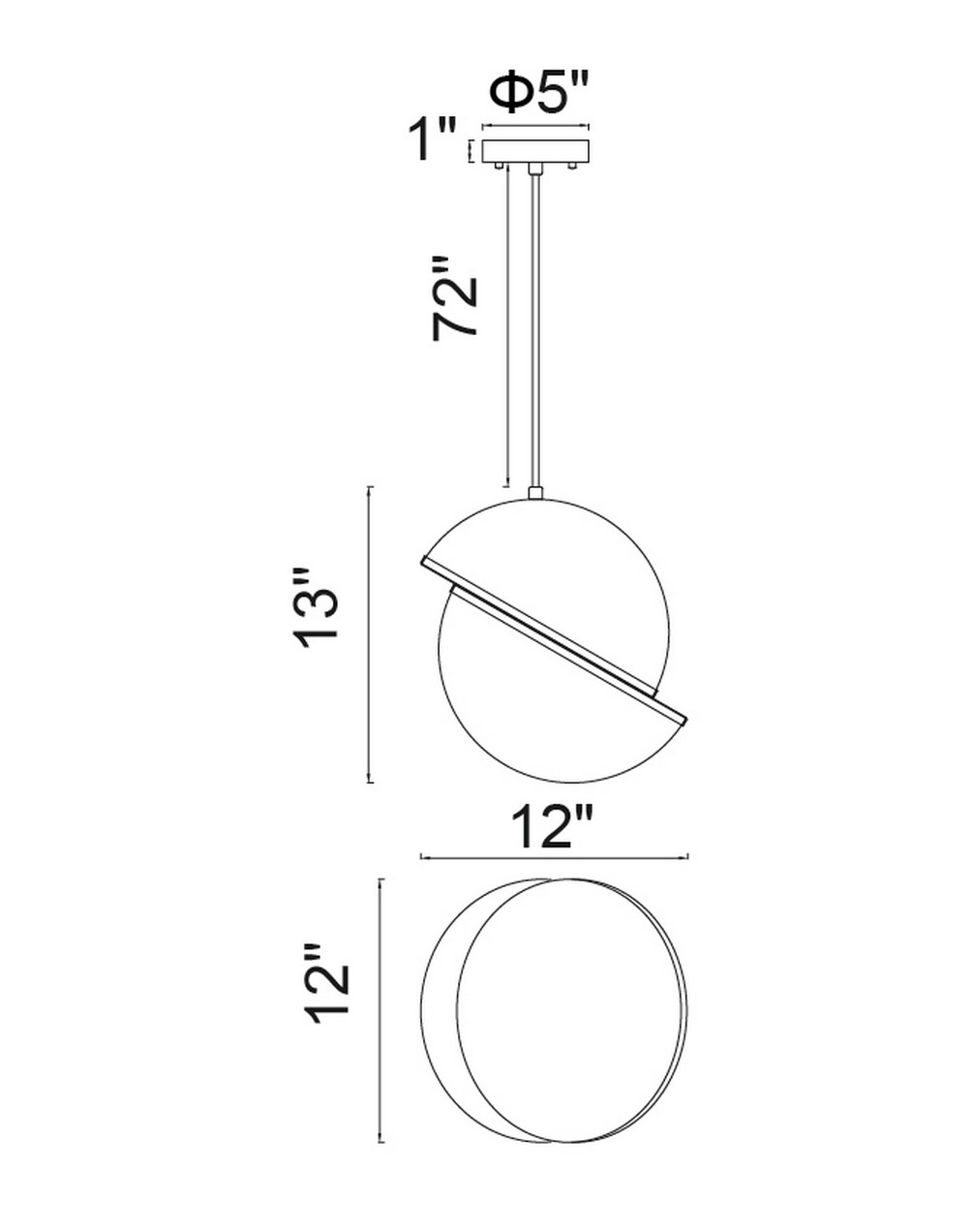 CWI Lighting Gemini 1 Light Pendant With Brass Finish Model: 1148P12-1-624 Line Drawing