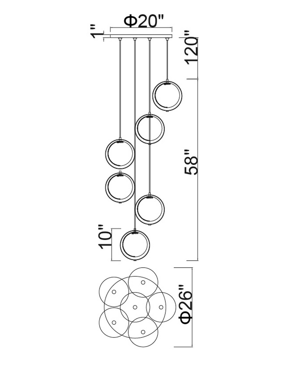 CWI Lighting Da Vinci 6 Light Multi Light Pendant With Brass Finish Model: 1153P24-6-169 Line Drawing