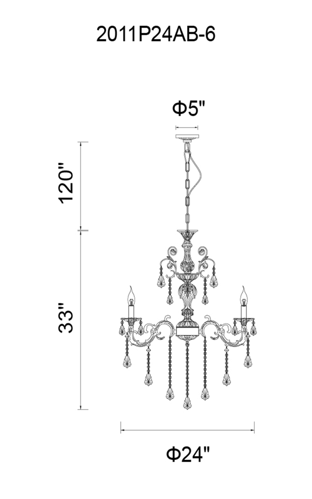 CWI Lighting 6 Light Up Chandelier With Antique Brass Model: 2011P24AB-6 Line Drawing