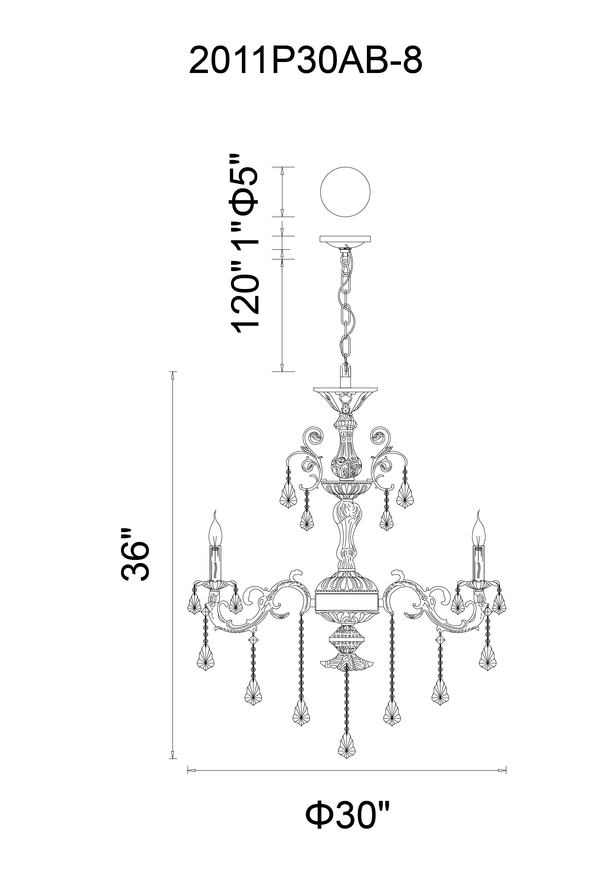 CWI Lighting 8 Light Up Chandelier With Antique Brass Model: 2011P30AB-8 Line Drawing