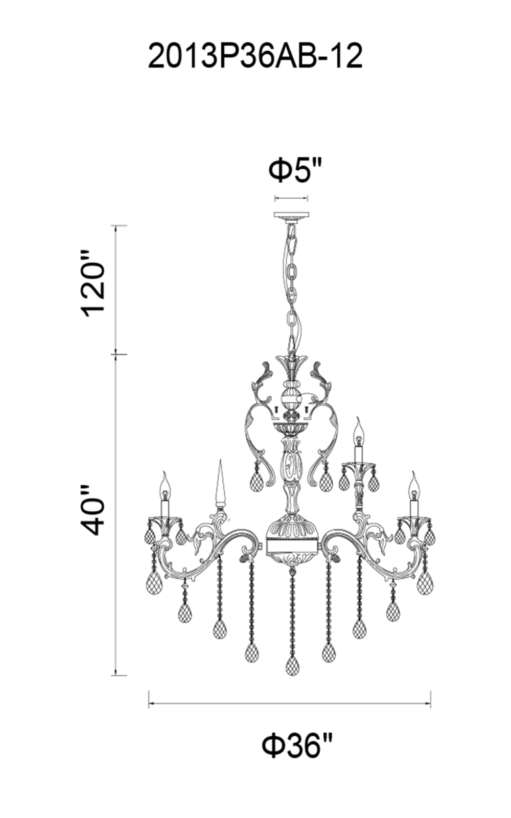CWI Lighting 12 Light Up Chandelier With Antique Brass Model: 2013P36AB-12 Line Drawing