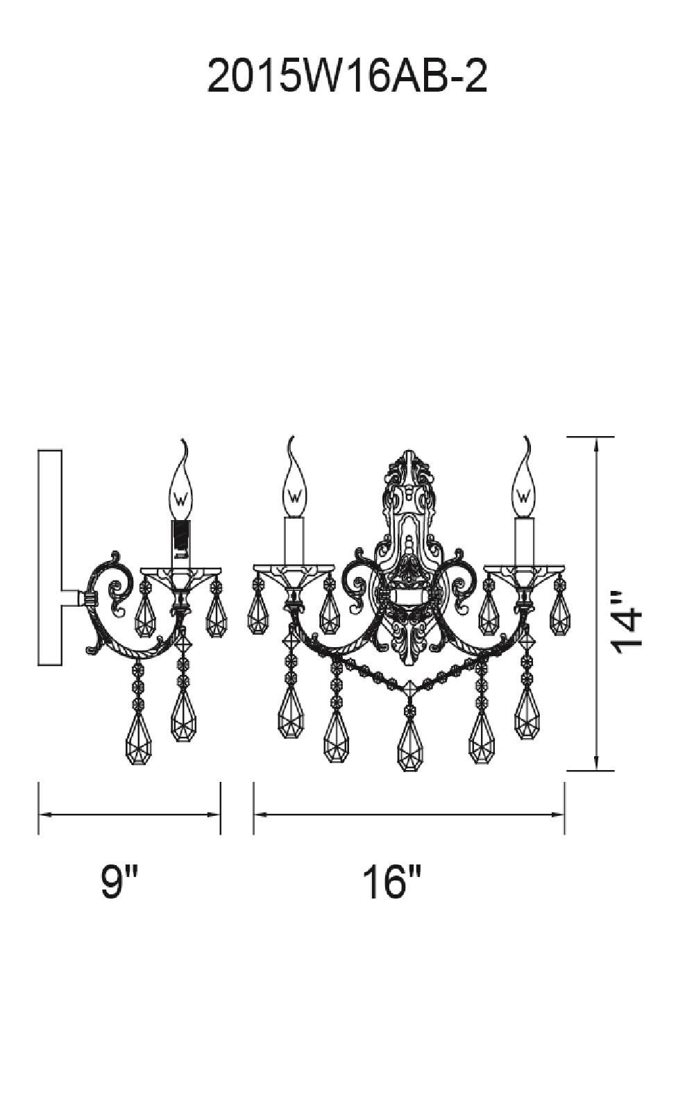 CWI Lighting 2 Light Wall Sconce With Antique Brass Finish Model: 2015W16AB-2 Line Drawing