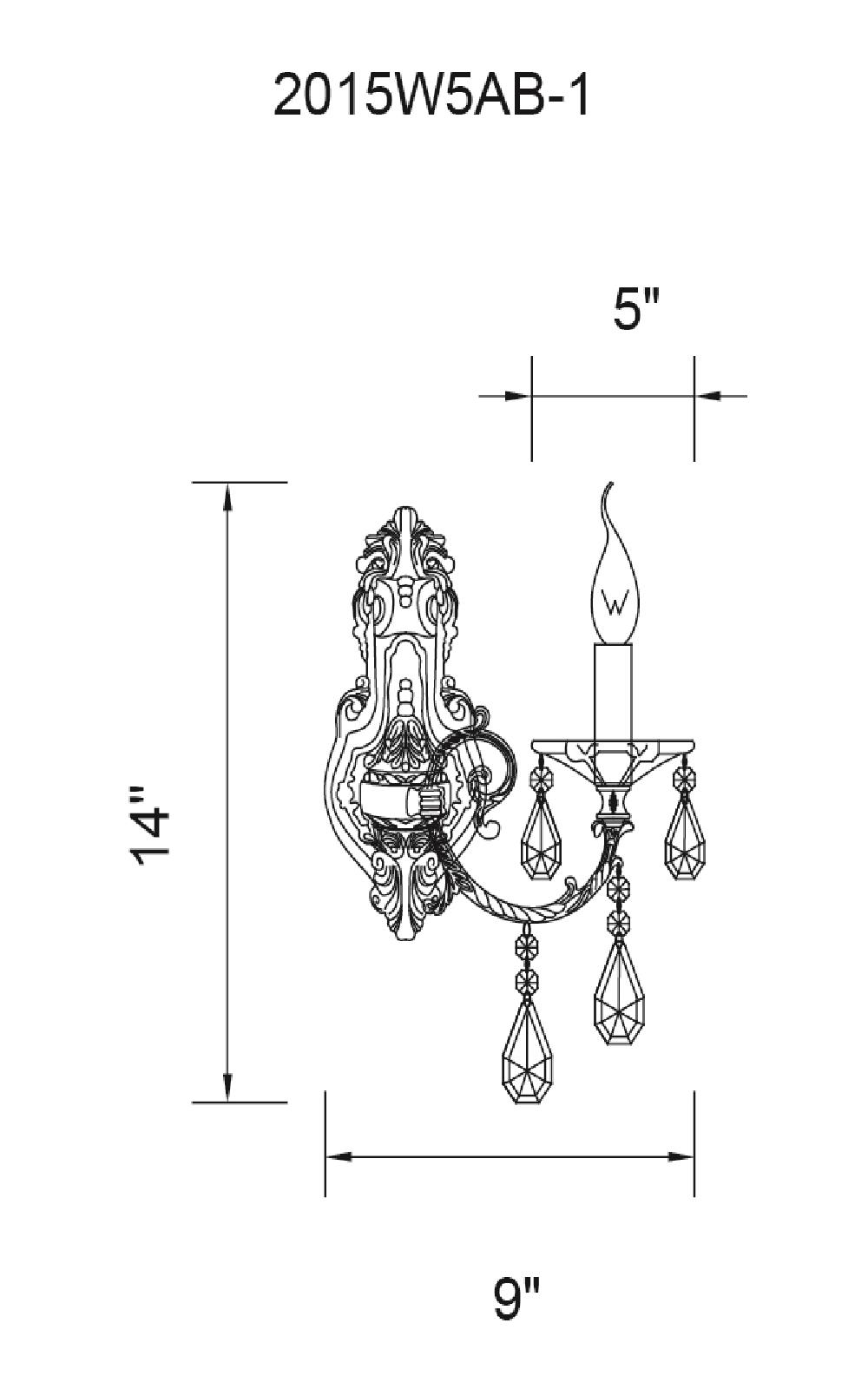 CWI Lighting 1 Light Wall Sconce With Antique Brass Finish Model: 2015W5AB-1 Line Drawing