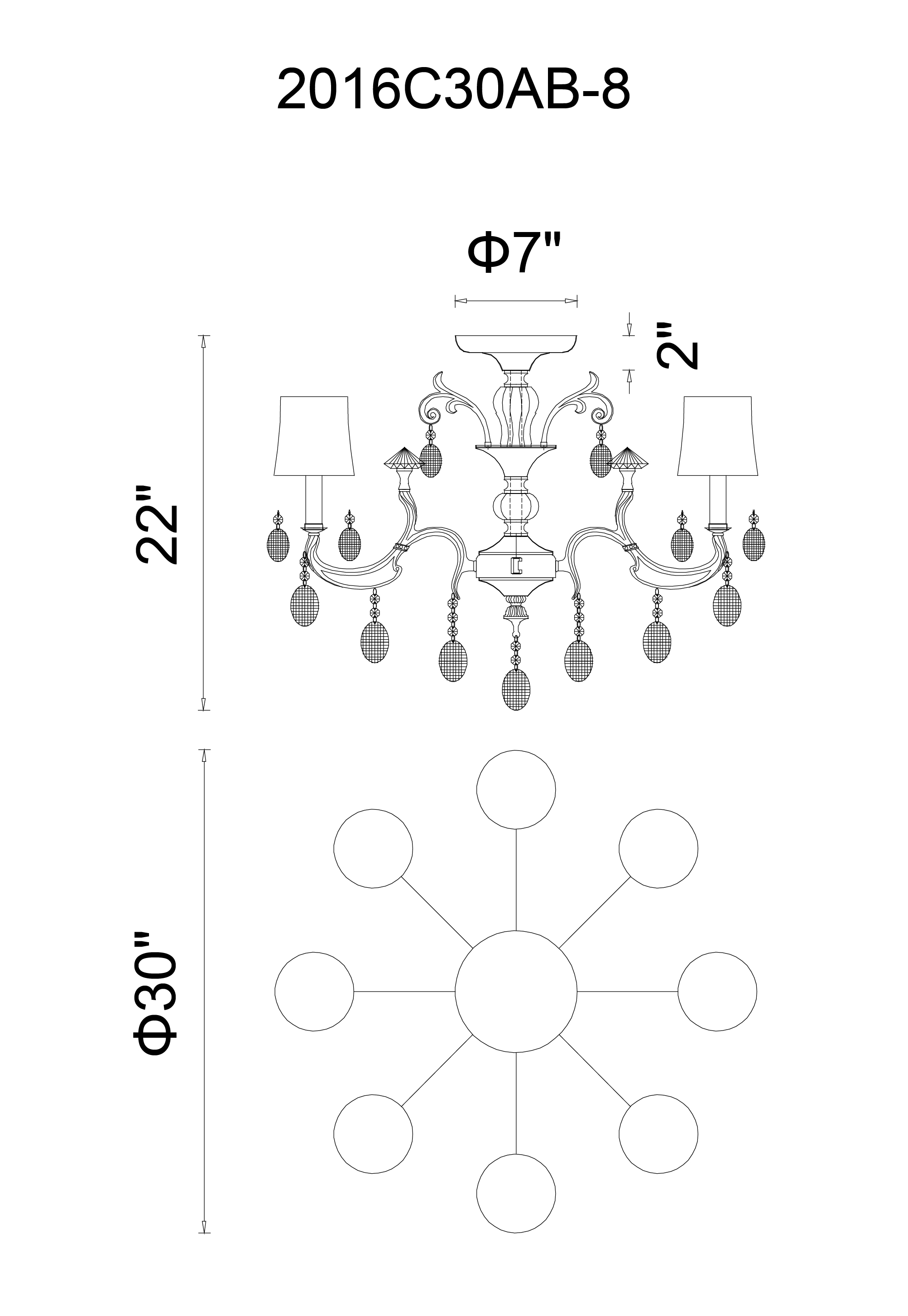 CWI Lighting Flawless 8 Light Flush Mount With Antique Brass Finish Model: 2016C30AB-8 Line Drawing