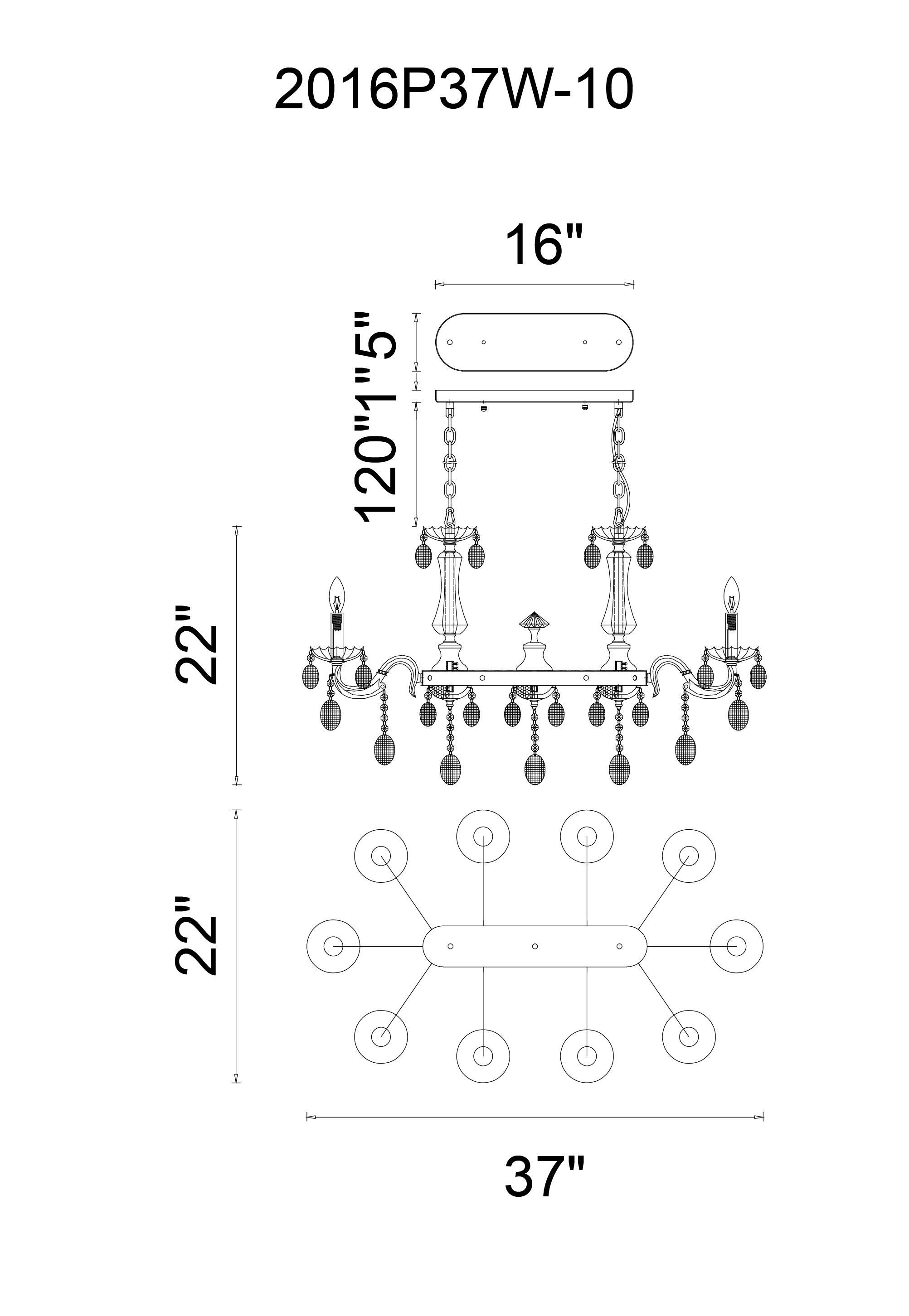 CWI Lighting Flawless 10 Light Up Chandelier With Chrome Model: 2016P37C-10 Line Drawing
