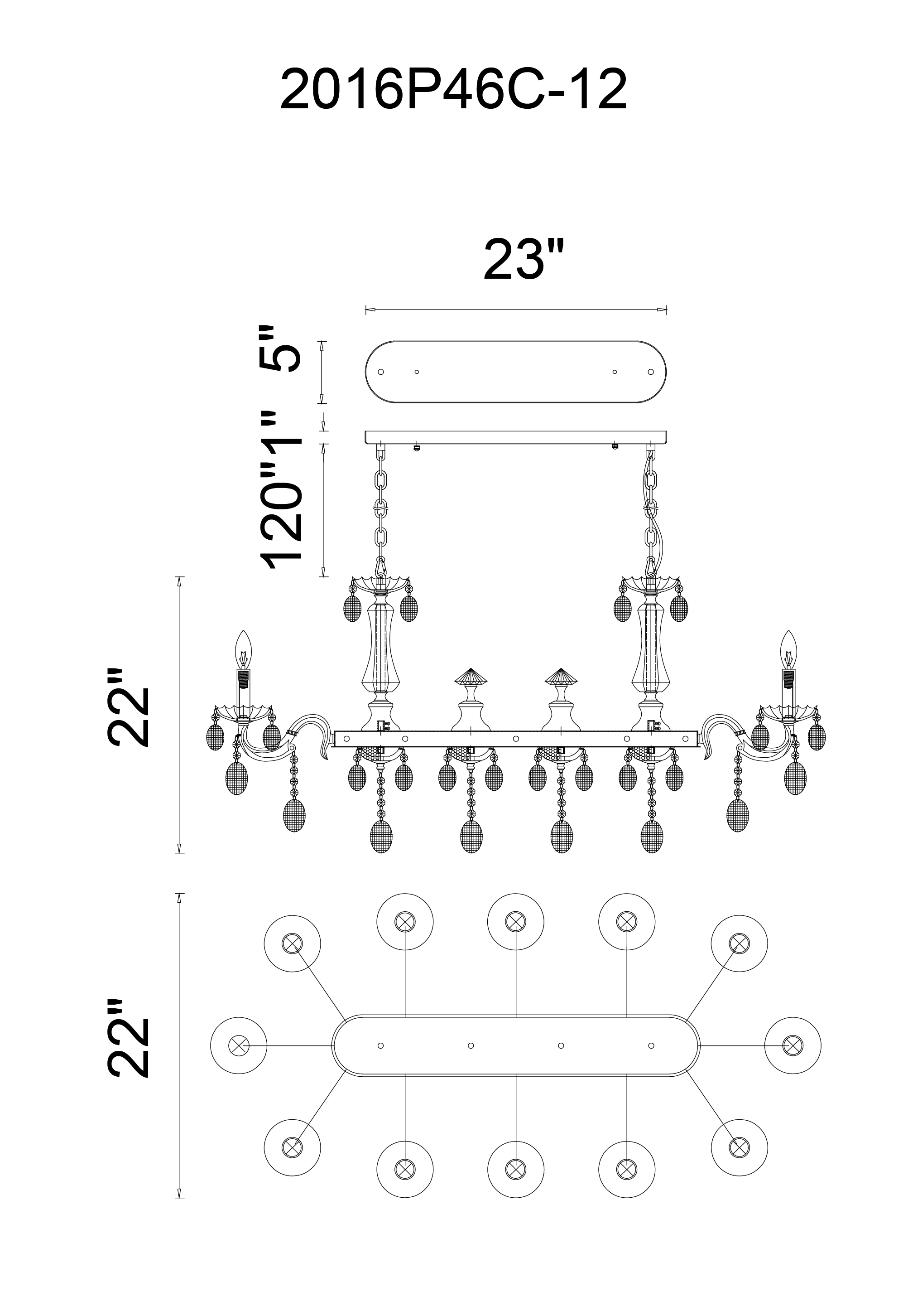 CWI Lighting Flawless 12 Light Up Chandelier With Chrome Finish Model: 2016P46C-12 Line Drawing