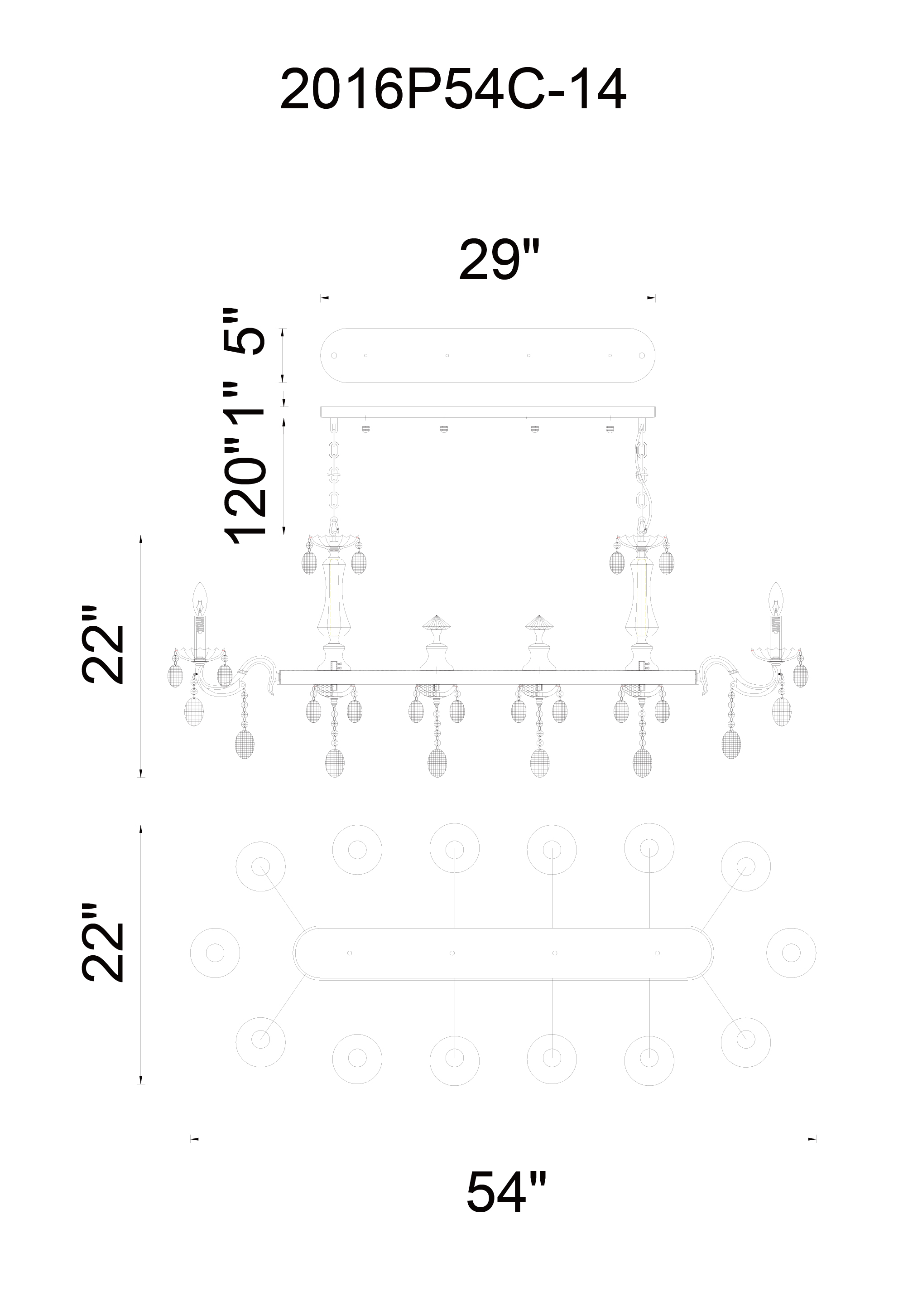 CWI Lighting Flawless 14 Light Up Chandelier With Chrome Finish Model: 2016P54C-14 Line Drawing