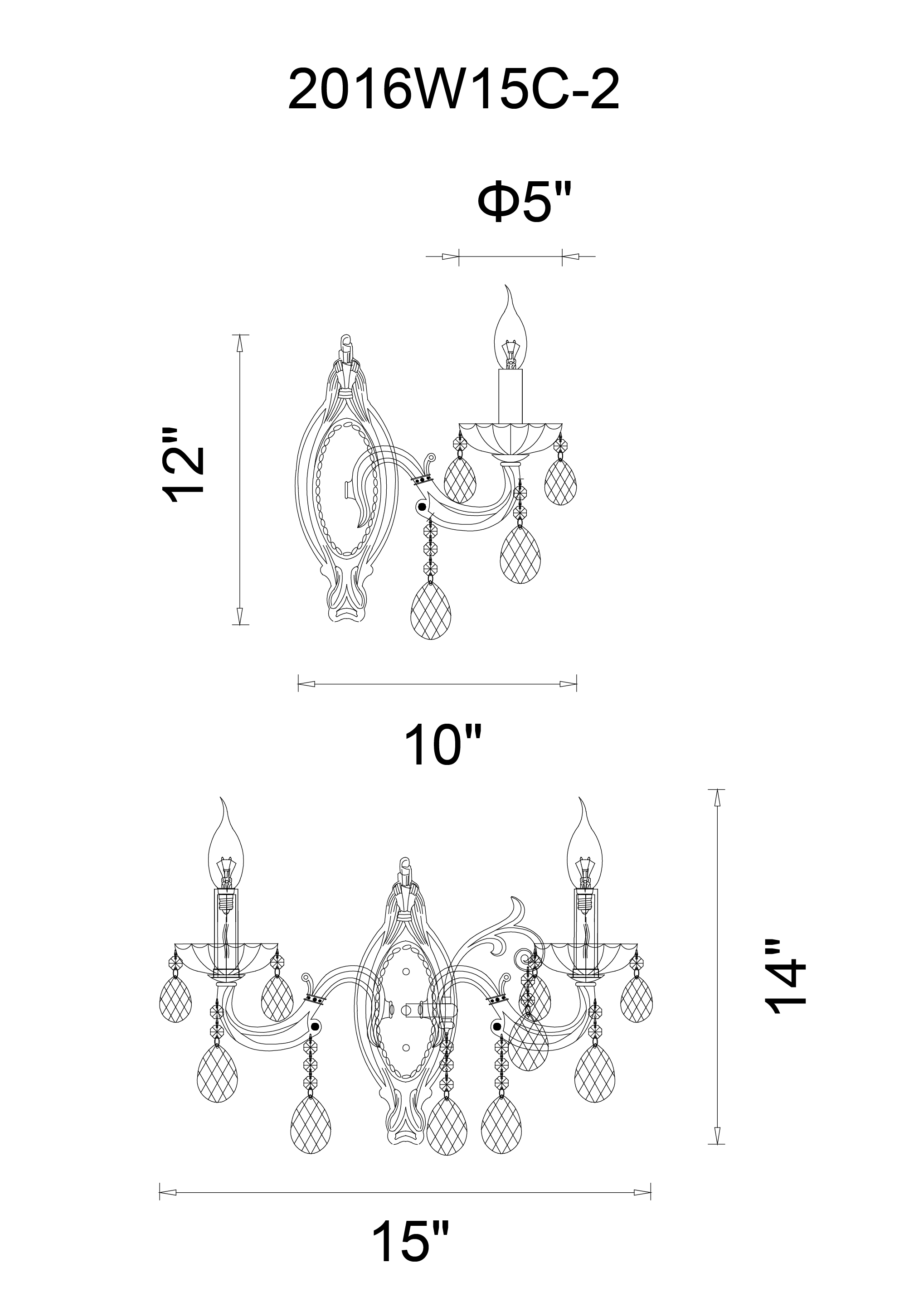 CWI Lighting Flawless 2 Light Wall Sconce With Chrome Finish Model: 2016W15C-2 Line Drawing
