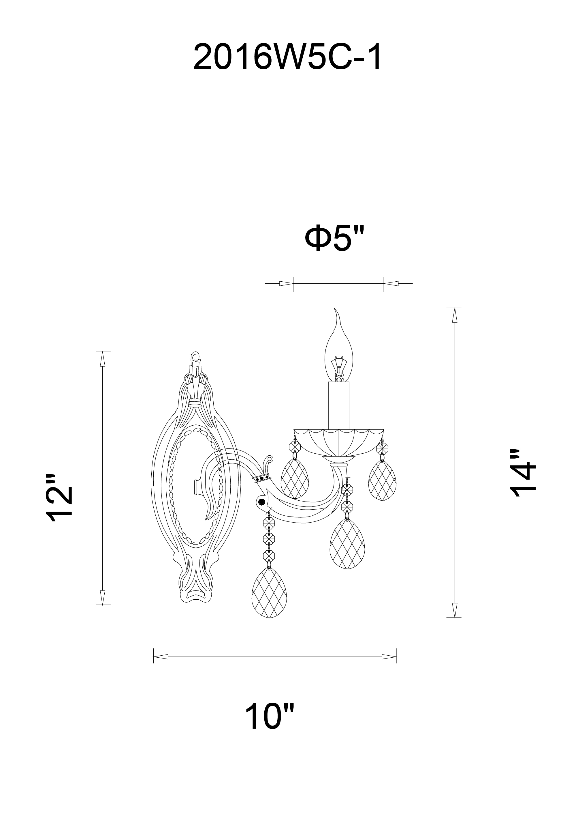 CWI Lighting Flawless 1 Light Wall Sconce With Antique Brass Finish Model: 2016W5AB-1 Line Drawing