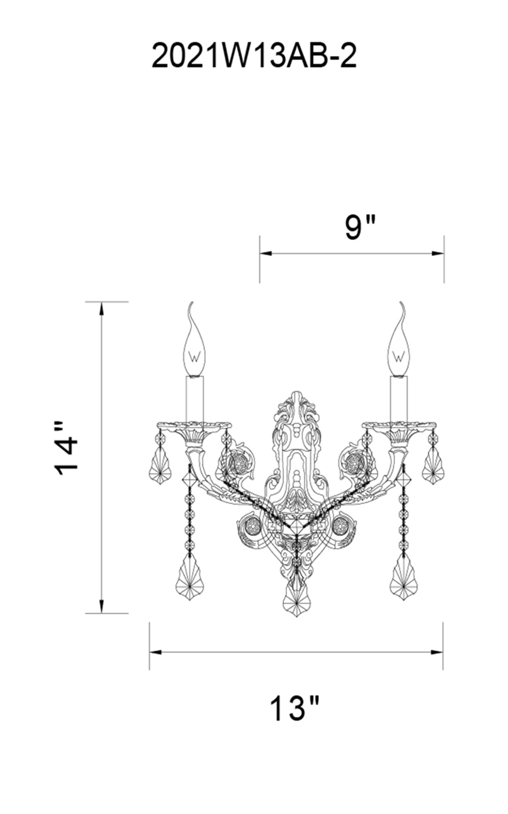 CWI Lighting Brass 2 Light Wall Sconce With Black Finish Model: 2021W13AB-2 Line Drawing