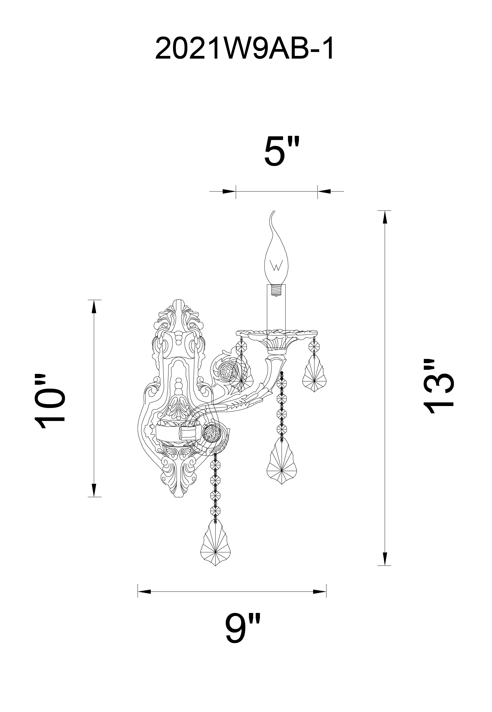 CWI Lighting 1 Light Wall Sconce With Antique Brass Finish Model: 2021W9AB-1 Line Drawing