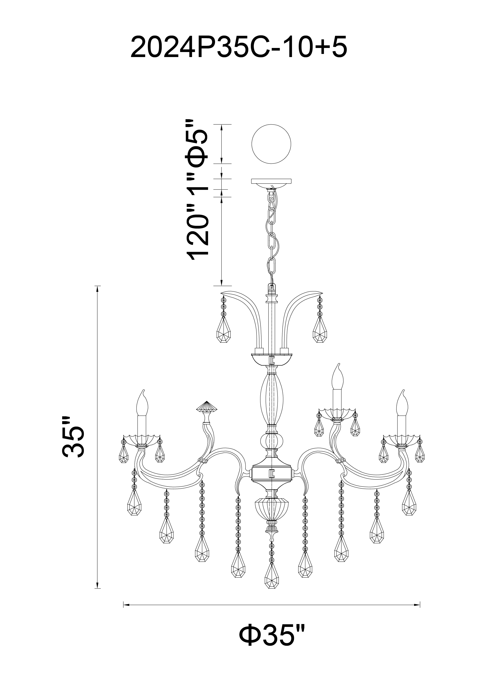 CWI Lighting Glorious 15 Light Up Chandelier With Chrome Finish Model: 2024P35C-15 Line Drawing