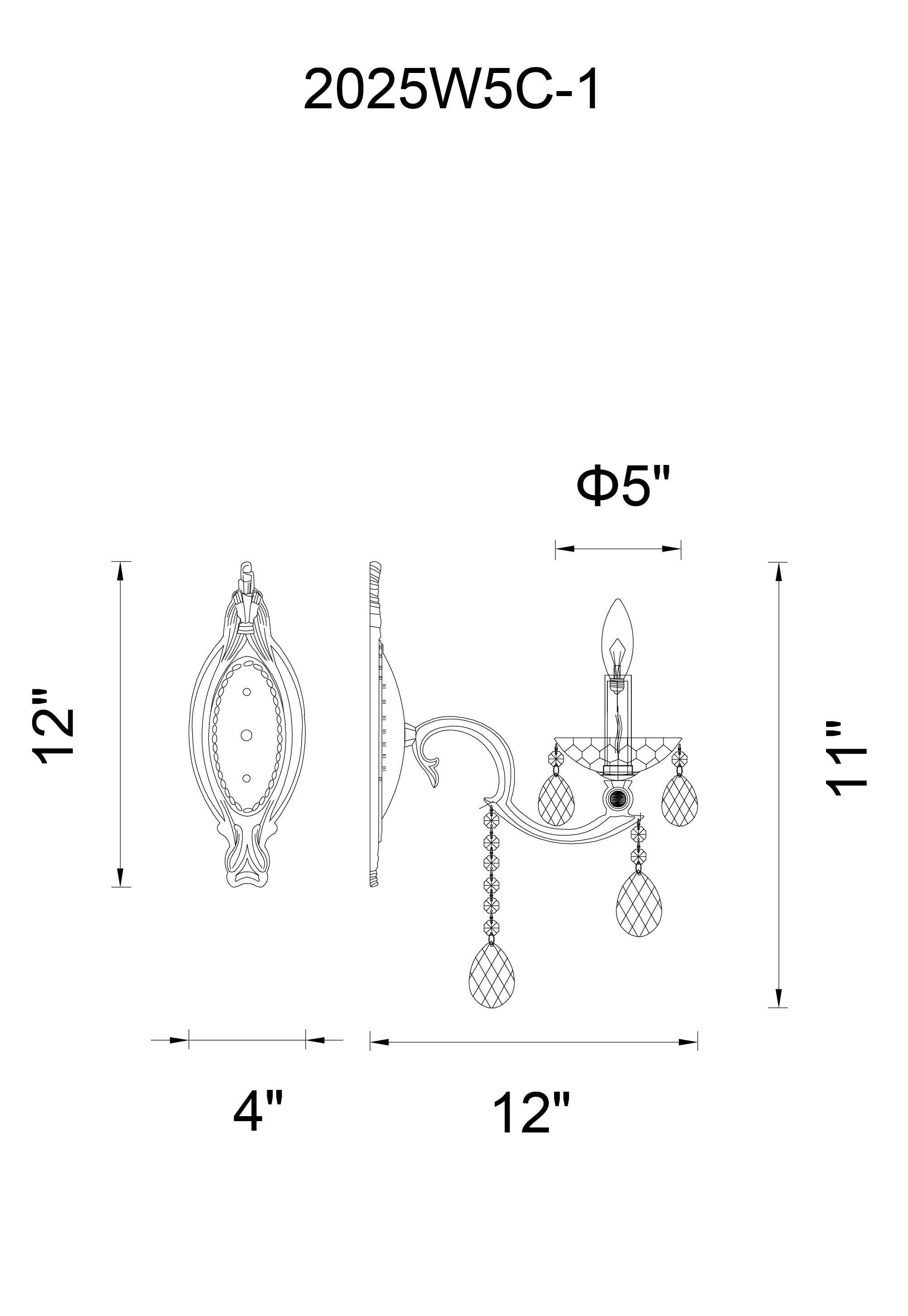 CWI Lighting Flawless 1 Light Wall Sconce With Chrome Finish Model: 2025W5C-1 Line Drawing