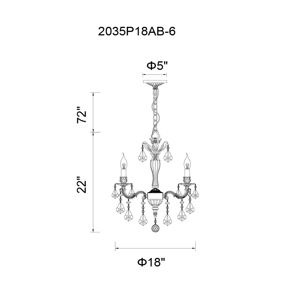 CWI Lighting 6 Light Up Chandelier With Antique Brass Model: 2035P18AB-6 Line Drawing