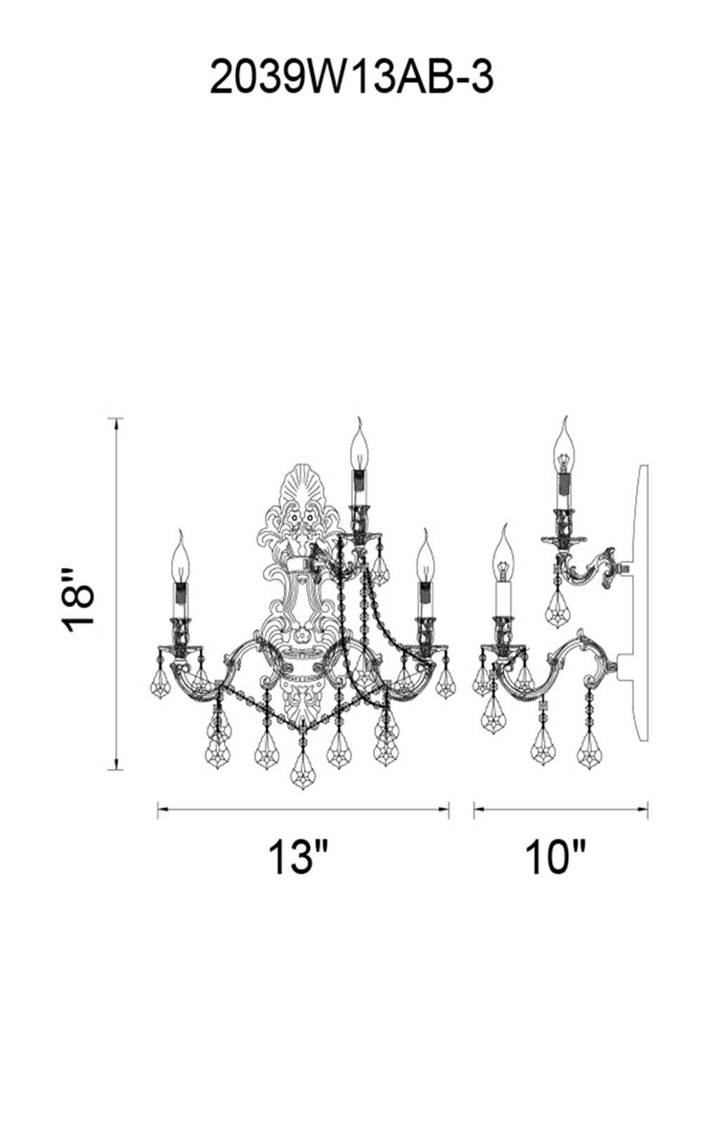 CWI Lighting 3 Light Wall Sconce With Antique Brass Finish Model: 2039W13AB-3 Line Drawing