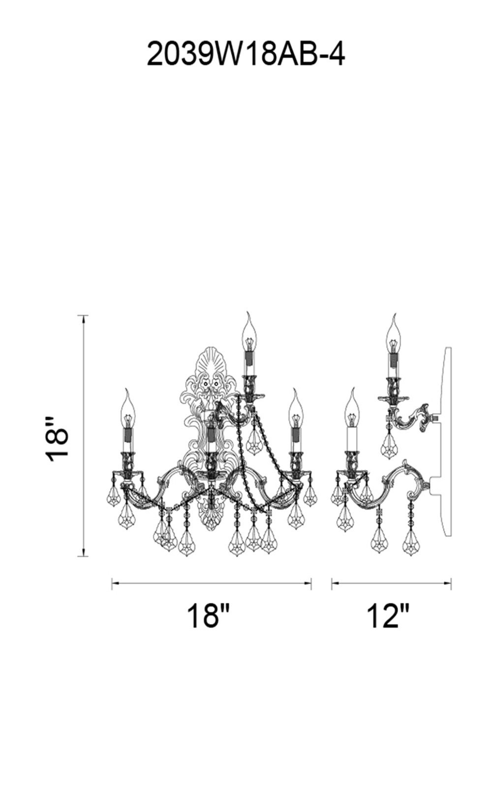 CWI Lighting 4 Light Wall Sconce With Antique Brass Finish Model: 2039W18AB-4 Line Drawing