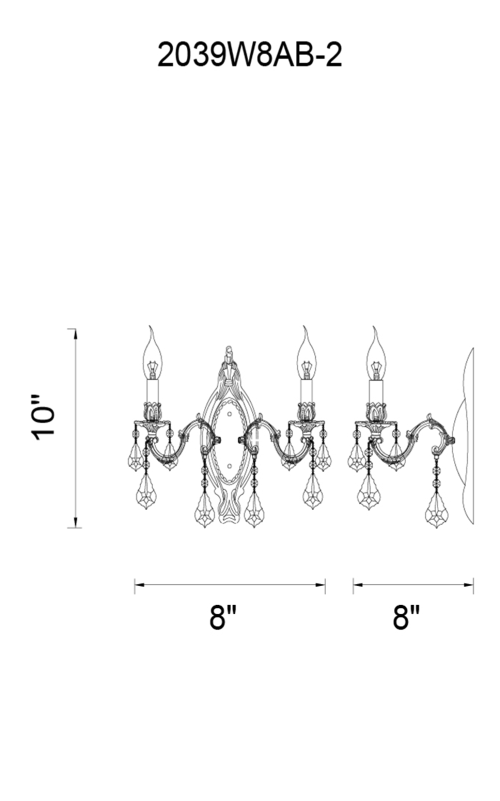 CWI Lighting 2 Light Wall Sconce With Antique Brass Finish Model: 2039W8AB-2 Line Drawing
