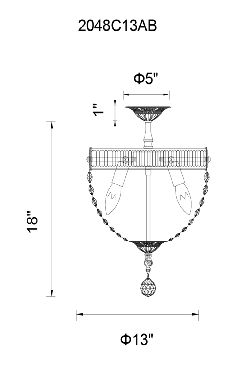 CWI Lighting 3 Light Bowl Flush Mount With Antique Brass Model: 2048C13AB Line Drawing