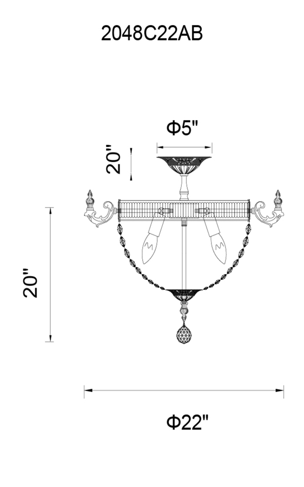 CWI Lighting 6 Light Bowl Flush Mount With Antique Brass Model: 2048C22AB Line Drawing