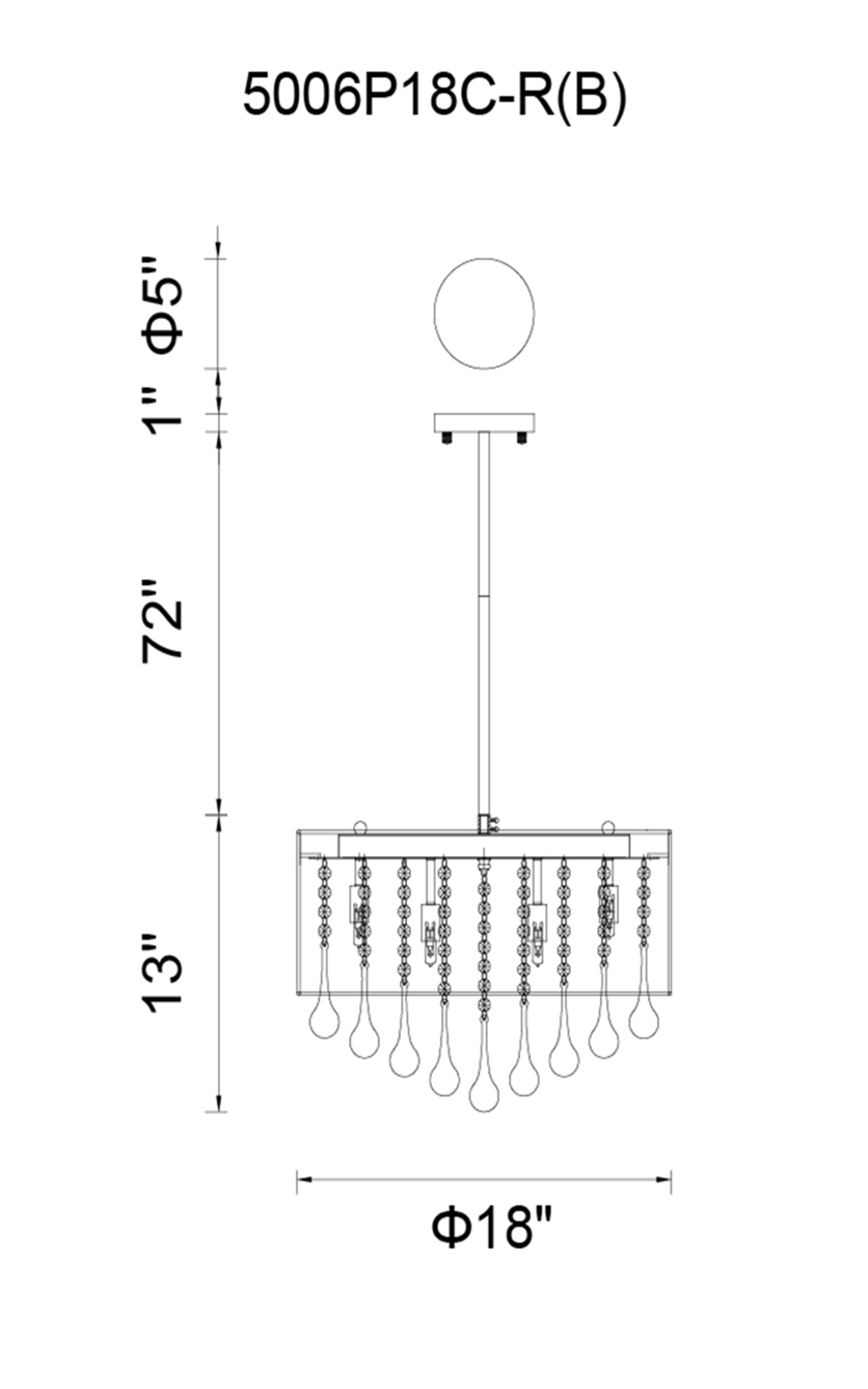 CWI Lighting Water Drop 6 Light Drum Shade Chandelier With Chrome Model: 5006P18C-R(B) Line Drawing