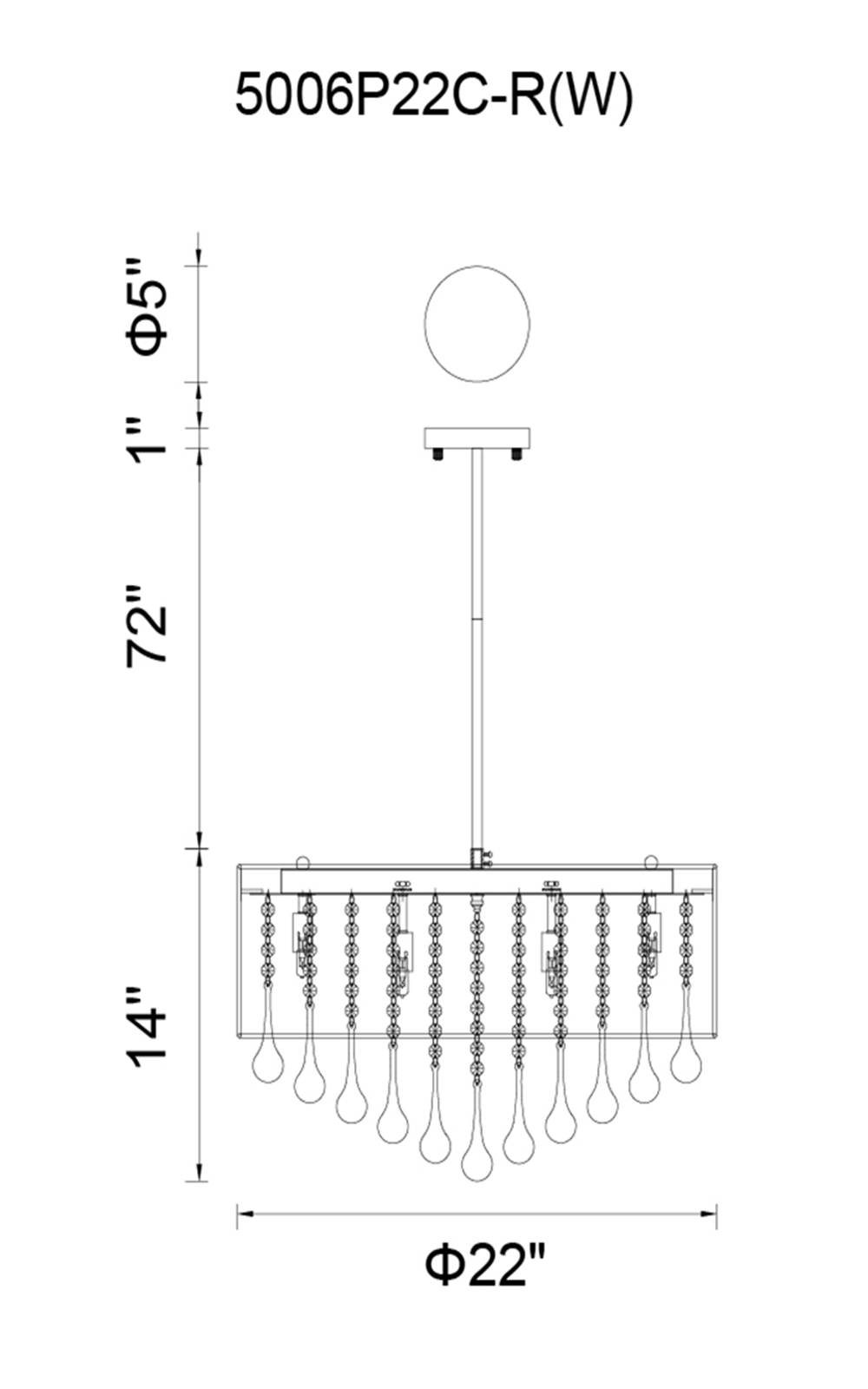 CWI Lighting Water Drop 9 Light Drum Shade Chandelier With Chrome Model: 5006P22C-R(W) Line Drawing