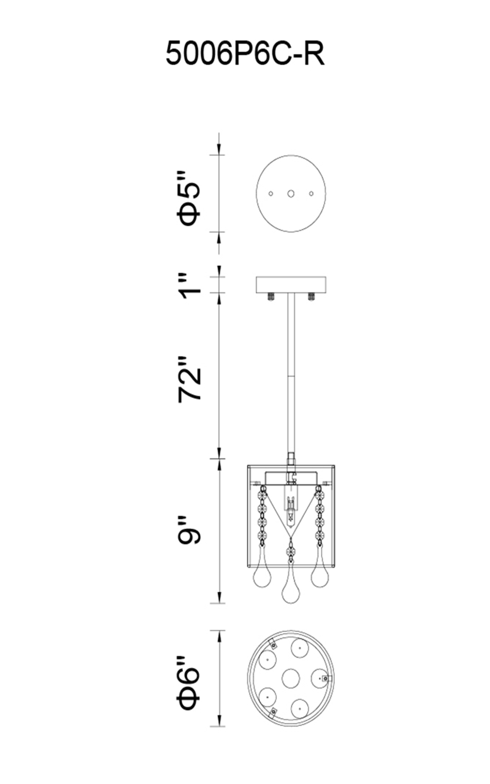 CWI Lighting Water Drop 1 Light Drum Shade Mini Pendant With Chrome Model: 5006P6C-R (W) Line Drawing