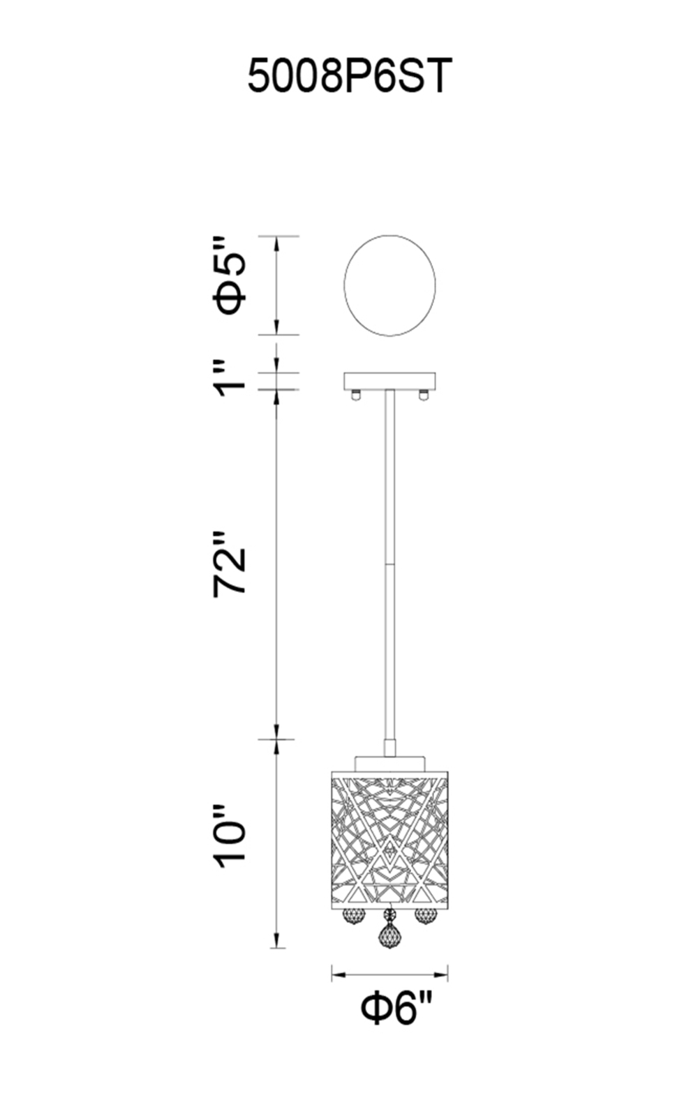 CWI Lighting Eternity 1 Light Drum Shade Mini Pendant With Chrome Model: 5008P6ST Line Drawing
