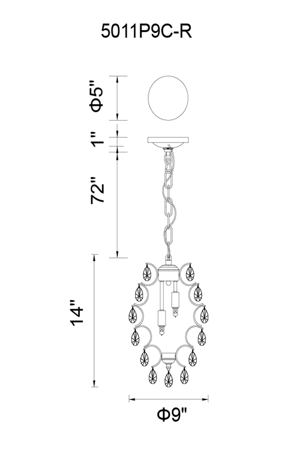 CWI Lighting Charismatic 2 Light Down Mini Pendant With Chrome Finish Model: 5011P9C-R (CLEAR) Line Drawing