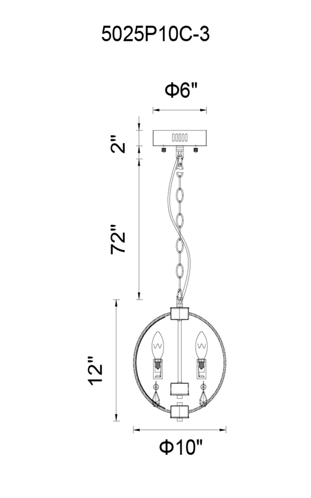 CWI Lighting Abia 3 Light Up Mini Pendant With Chrome Finish Model: 5025P10C-3 Line Drawing