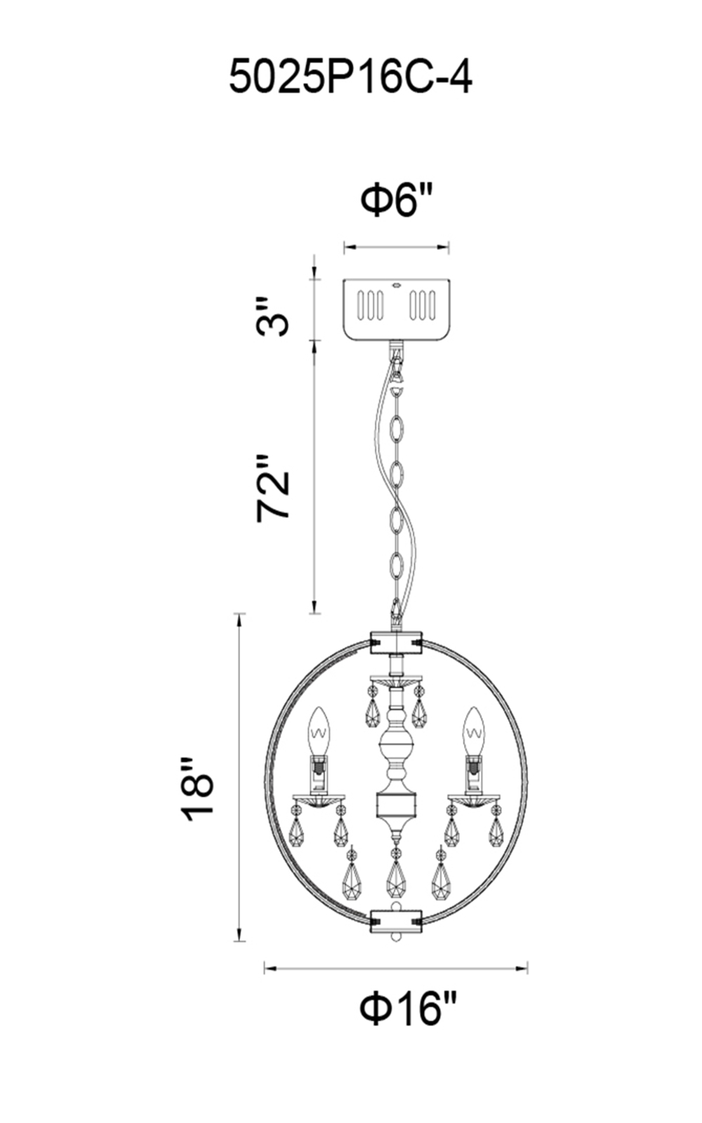 CWI Lighting Abia 4 Light Up Chandelier With Chrome Finish Model: 5025P16C-4 Line Drawing