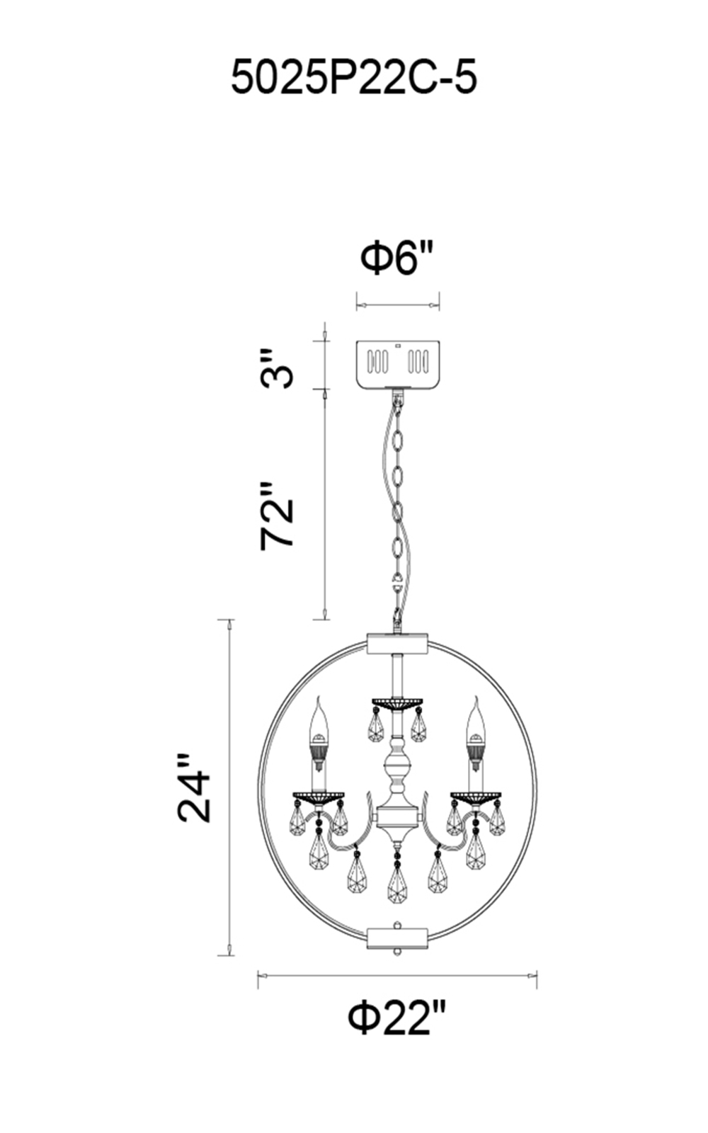 CWI Lighting Abia 5 Light Up Chandelier With Chrome Finish Model: 5025P22C-5 Line Drawing