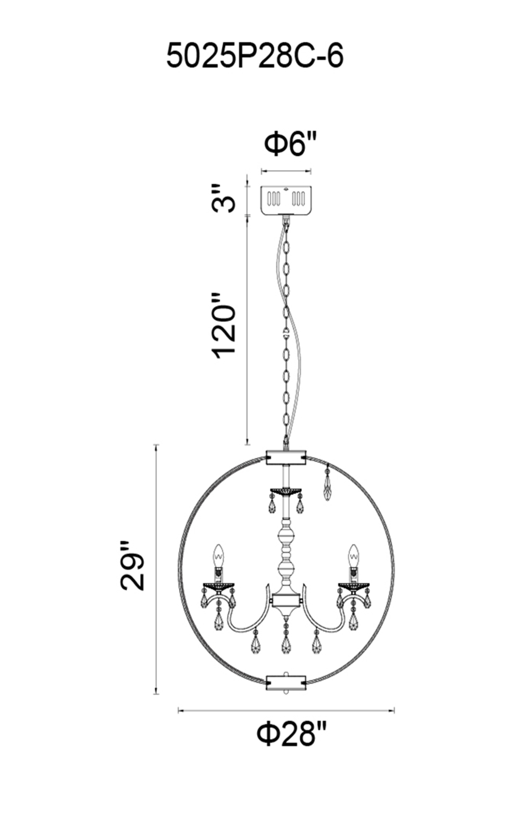 CWI Lighting Abia 6 Light Up Chandelier With Chrome Finish Model: 5025P28C-6 Line Drawing